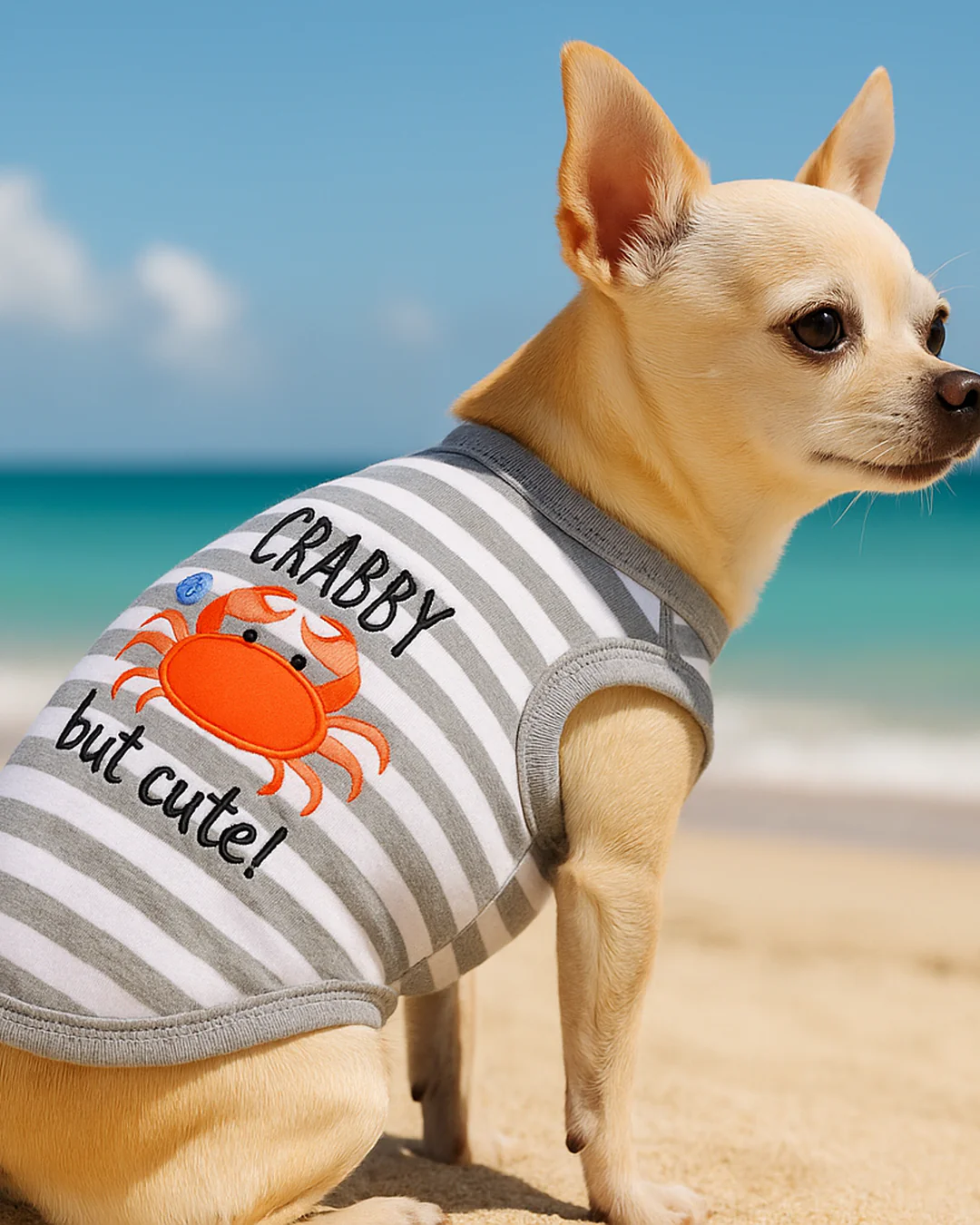 Parisian Pet 'Crabby But Cute Tee' Embroidered Dog Shirt - Trendy Pet Apparel for Dogs & Cats, Gray and White Stripes - Image 6