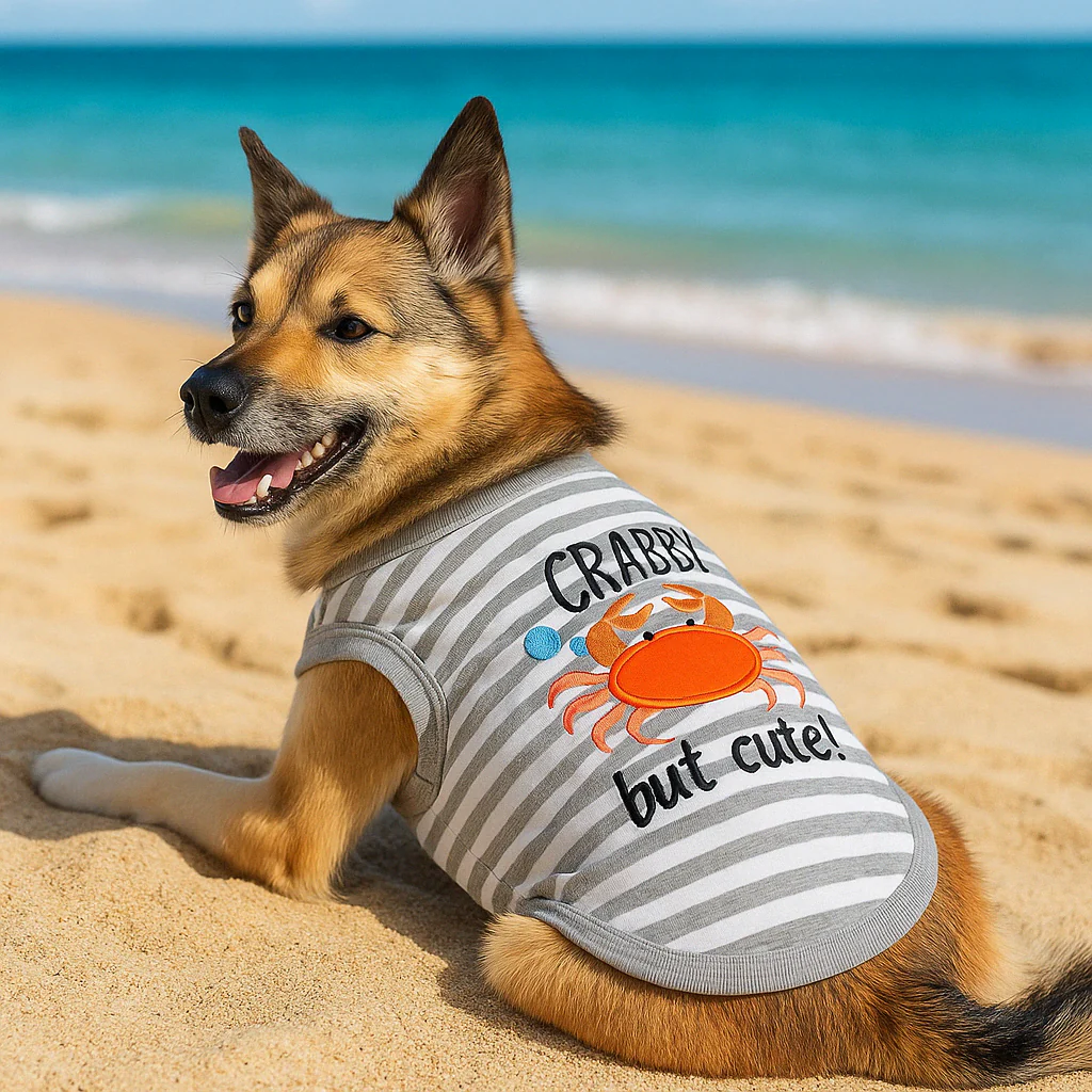 Parisian Pet 'Crabby But Cute Tee' Embroidered Dog Shirt - Trendy Pet Apparel for Dogs & Cats, Gray and White Stripes - Image 8