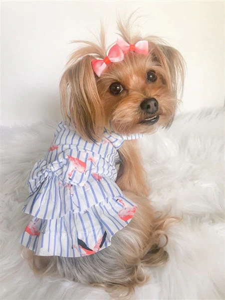 Parisian Pet 'Flamingo Print Dog Dress' for Dogs and Cats, Sleeveless, Comfortable Summer Outfit, Blue and White Stripes - Image 3