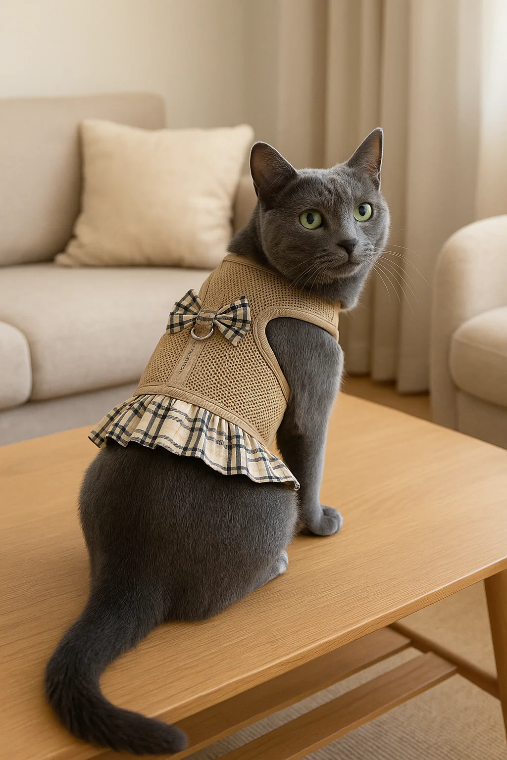 Parisian Pet ' Khaki Plaid' Harness Dress for Dogs & Cats – Fashionable and Comfortable Plaid Dog Harness Dress, Adjustable Fit - Image 3