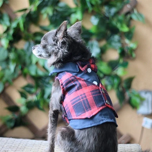 Parisian Pet 'Scottish Pleated Tuxedo Red/Blue Plaid' for Dogs & Cats, Stylish Pet Party Tuxedo, Christmas Pet Tuxedo - Image 4