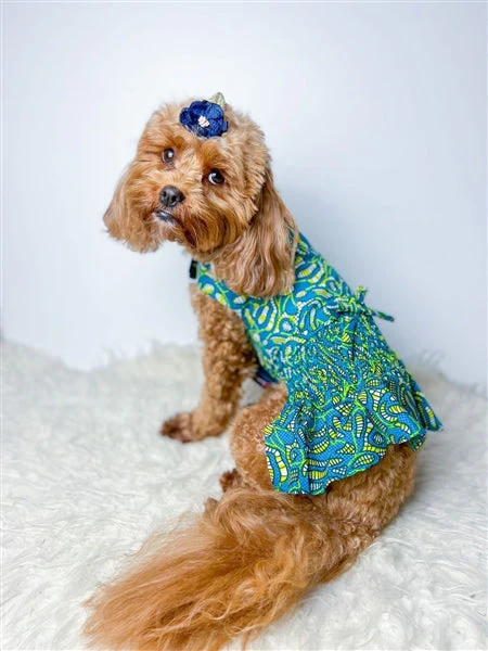 Parisian Pet 'Tribal Dress' for Dogs and Cats, Ruched Waist, Stylish and Comfortable, Tribal Print - Green, Blue, Yellow - Image 3