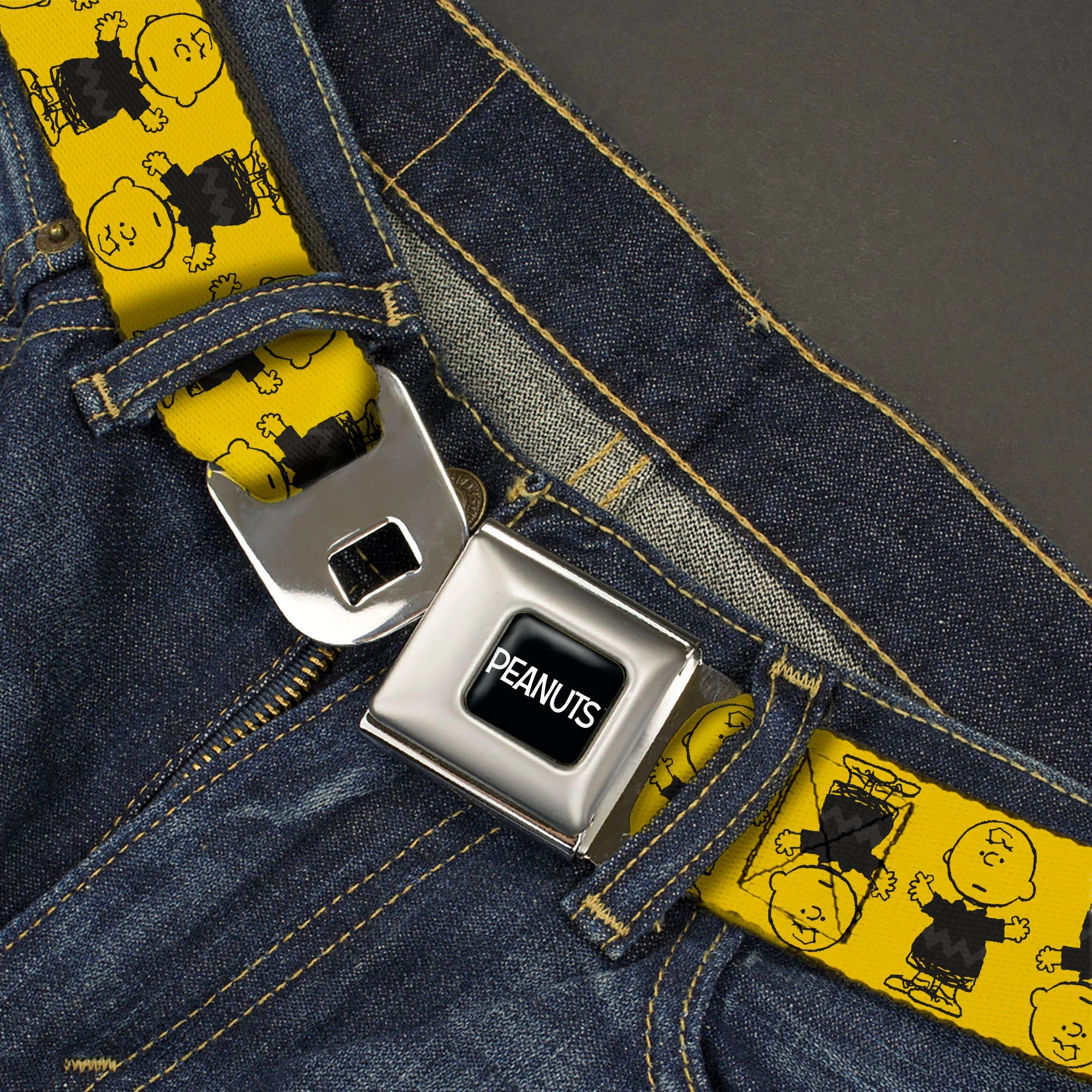 PEANUTS Title Logo Full Color Black/White Seatbelt Belt - Peanuts Charlie Brown Pose Flip Yellow/Black Webbing - Image 2