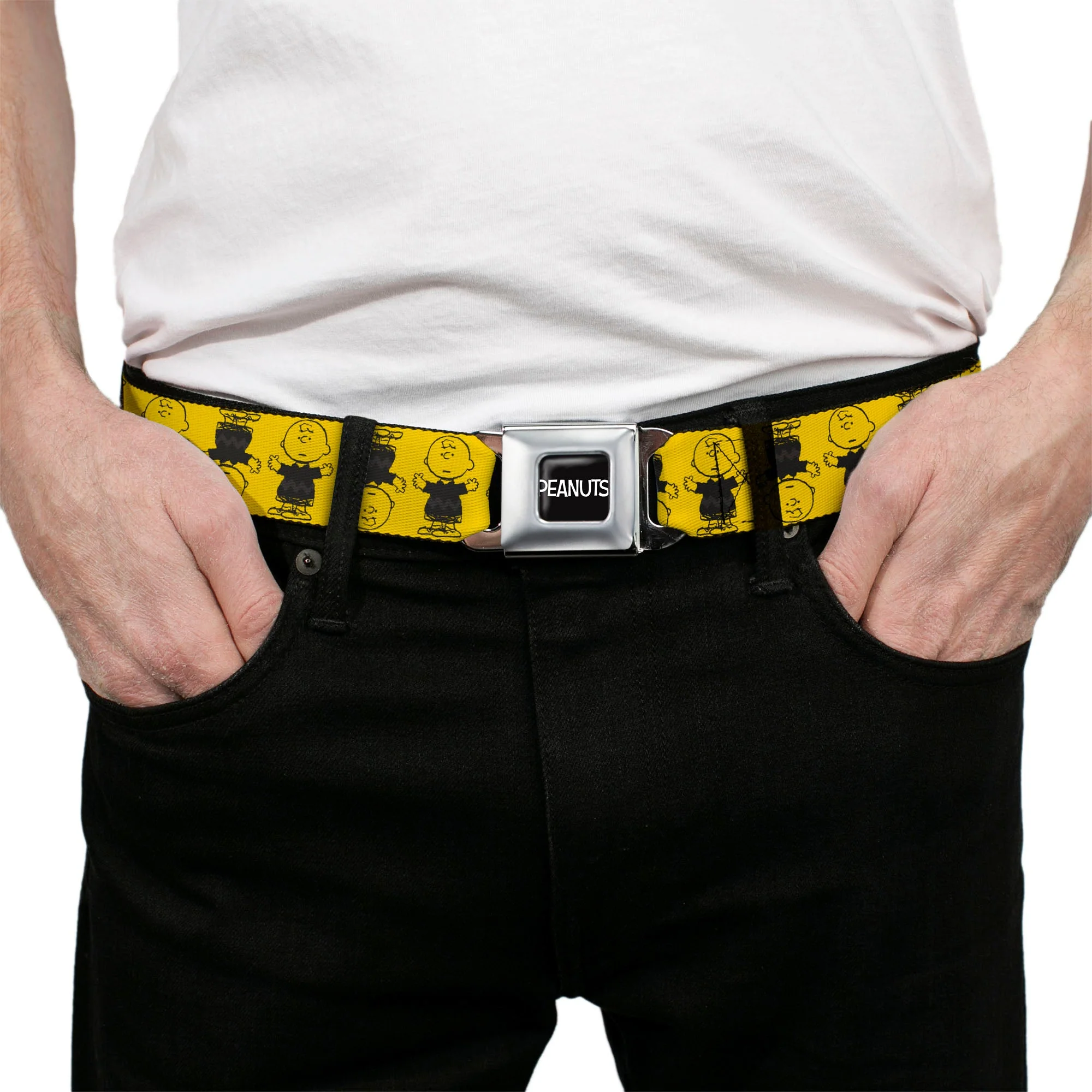 PEANUTS Title Logo Full Color Black/White Seatbelt Belt - Peanuts Charlie Brown Pose Flip Yellow/Black Webbing - Image 3