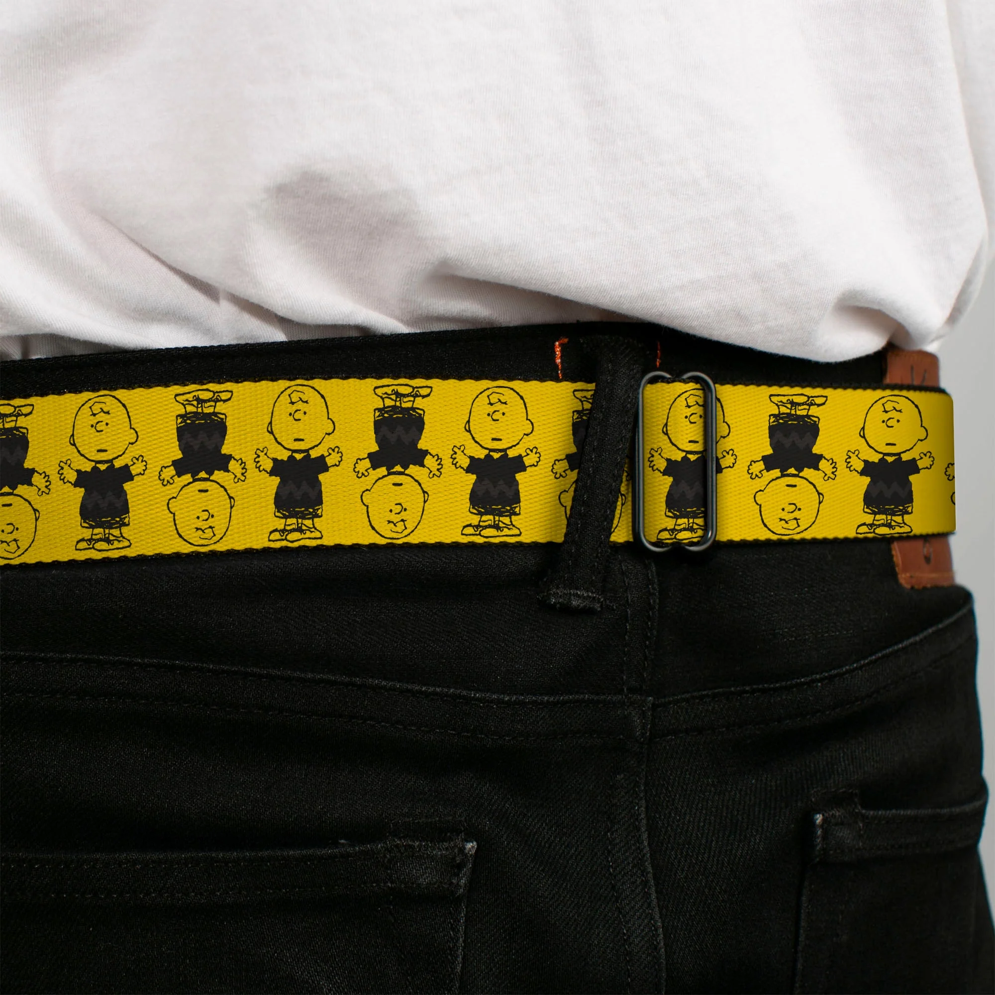 PEANUTS Title Logo Full Color Black/White Seatbelt Belt - Peanuts Charlie Brown Pose Flip Yellow/Black Webbing - Image 4