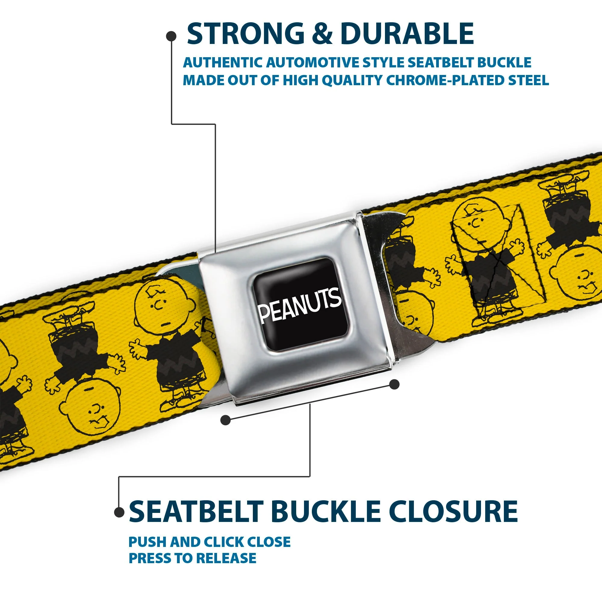 PEANUTS Title Logo Full Color Black/White Seatbelt Belt - Peanuts Charlie Brown Pose Flip Yellow/Black Webbing - Image 7
