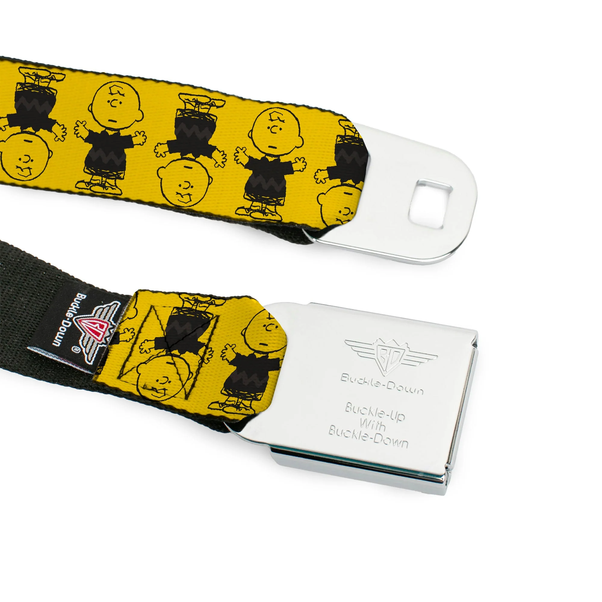 PEANUTS Title Logo Full Color Black/White Seatbelt Belt - Peanuts Charlie Brown Pose Flip Yellow/Black Webbing - Image 9