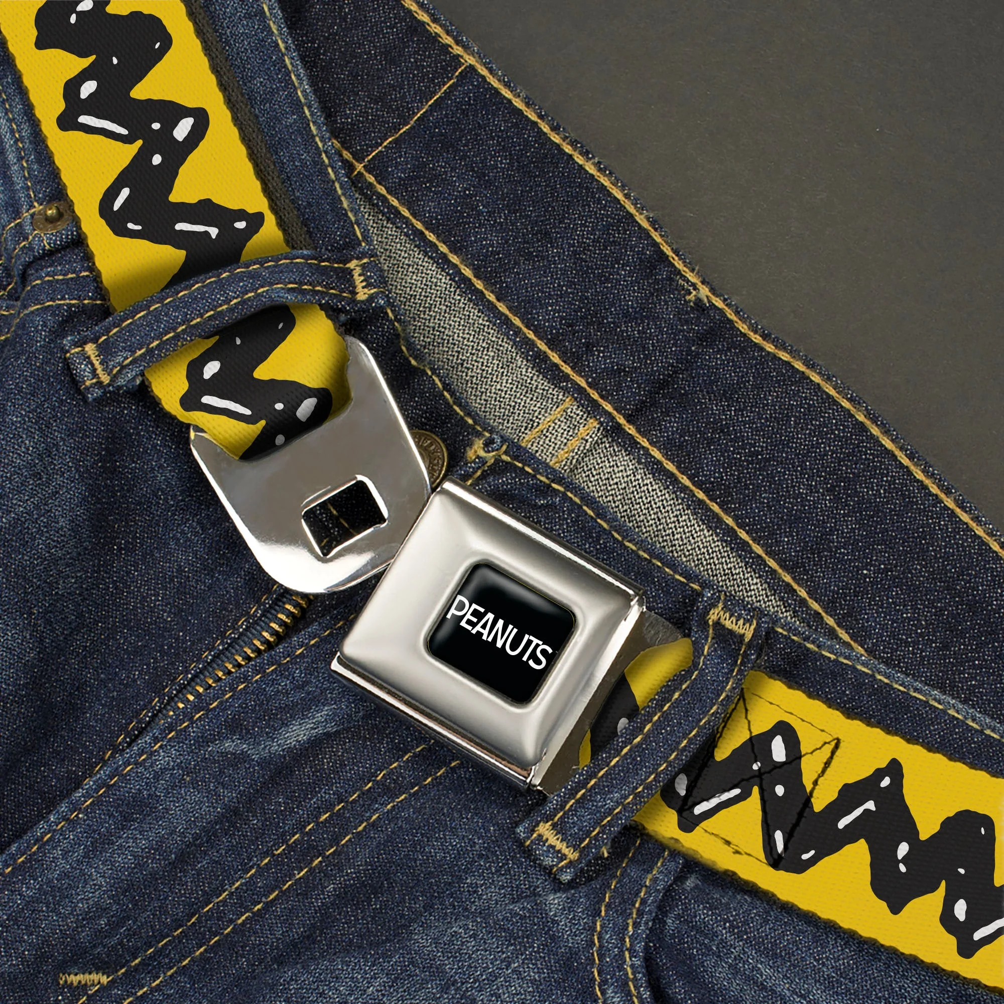 PEANUTS Title Logo Full Color Black/White Seatbelt Belt - Peanuts Charlie Brown Zig Zag Stripe Yellow/Black Webbing - Image 2