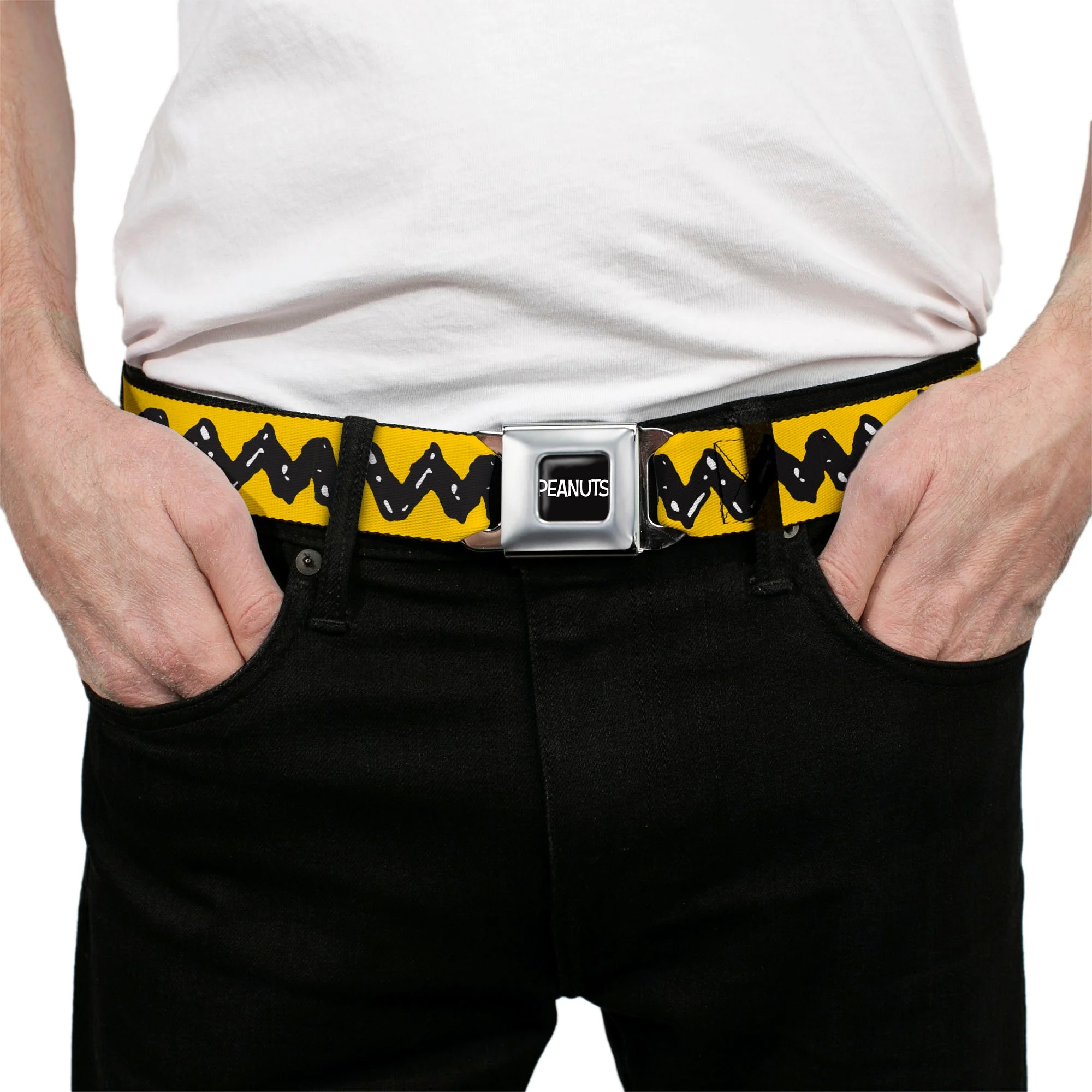 PEANUTS Title Logo Full Color Black/White Seatbelt Belt - Peanuts Charlie Brown Zig Zag Stripe Yellow/Black Webbing - Image 3