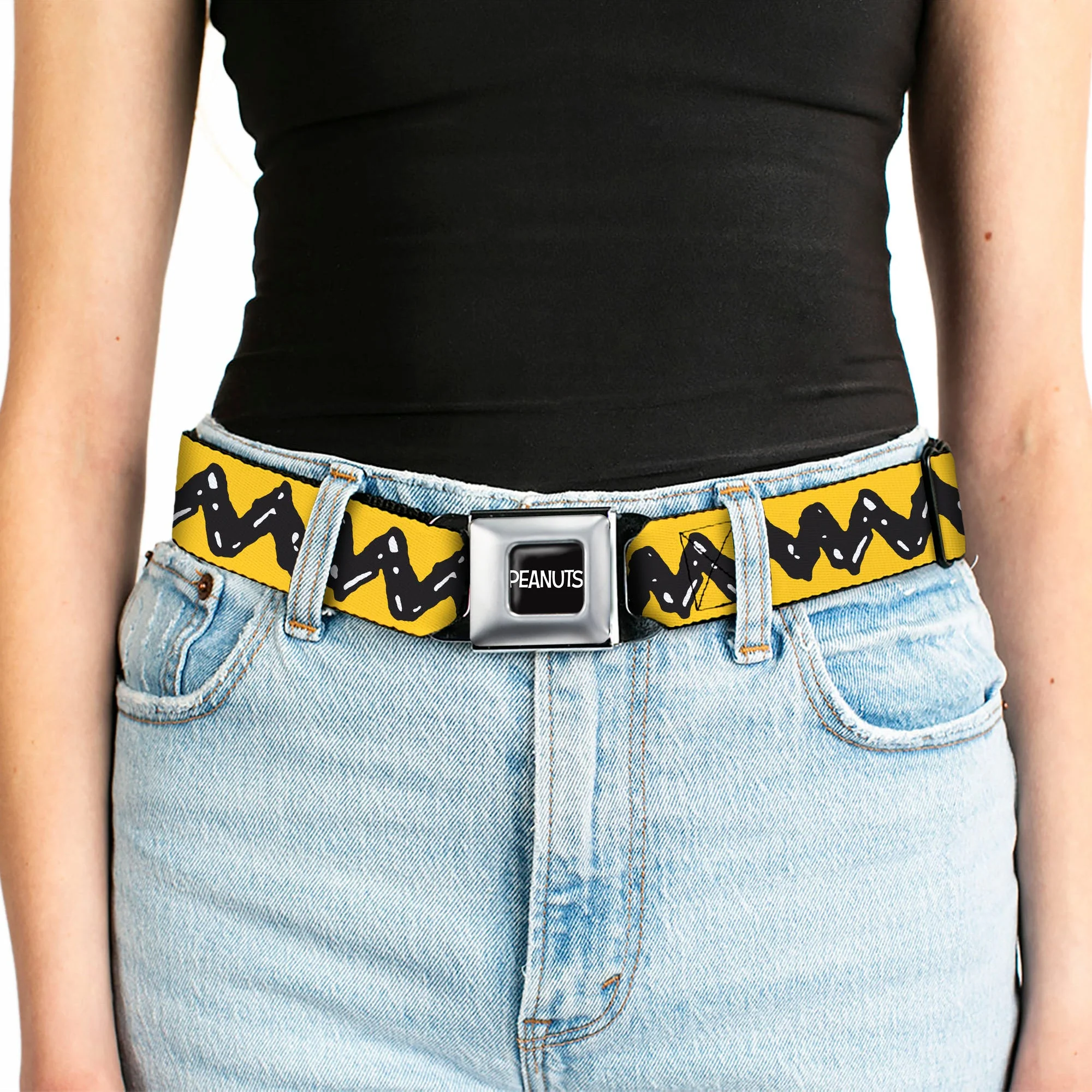 PEANUTS Title Logo Full Color Black/White Seatbelt Belt - Peanuts Charlie Brown Zig Zag Stripe Yellow/Black Webbing - Image 5