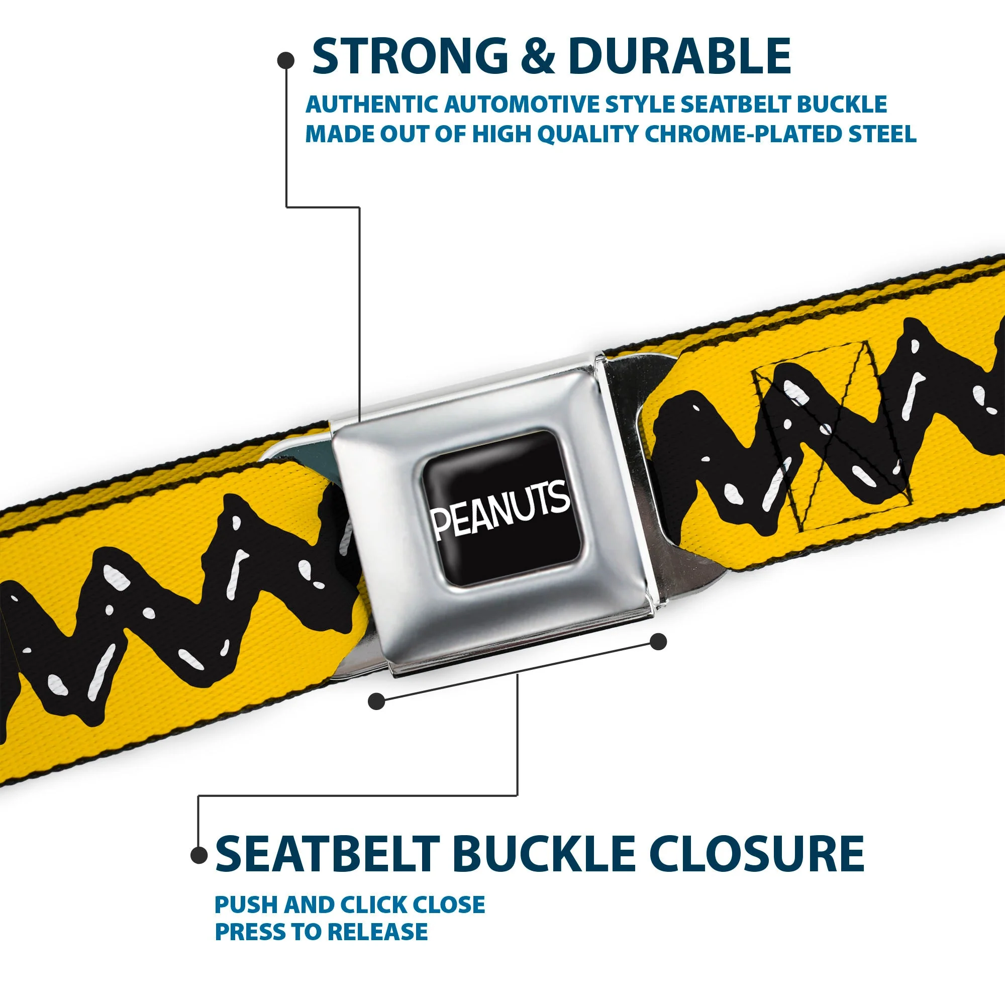 PEANUTS Title Logo Full Color Black/White Seatbelt Belt - Peanuts Charlie Brown Zig Zag Stripe Yellow/Black Webbing - Image 7
