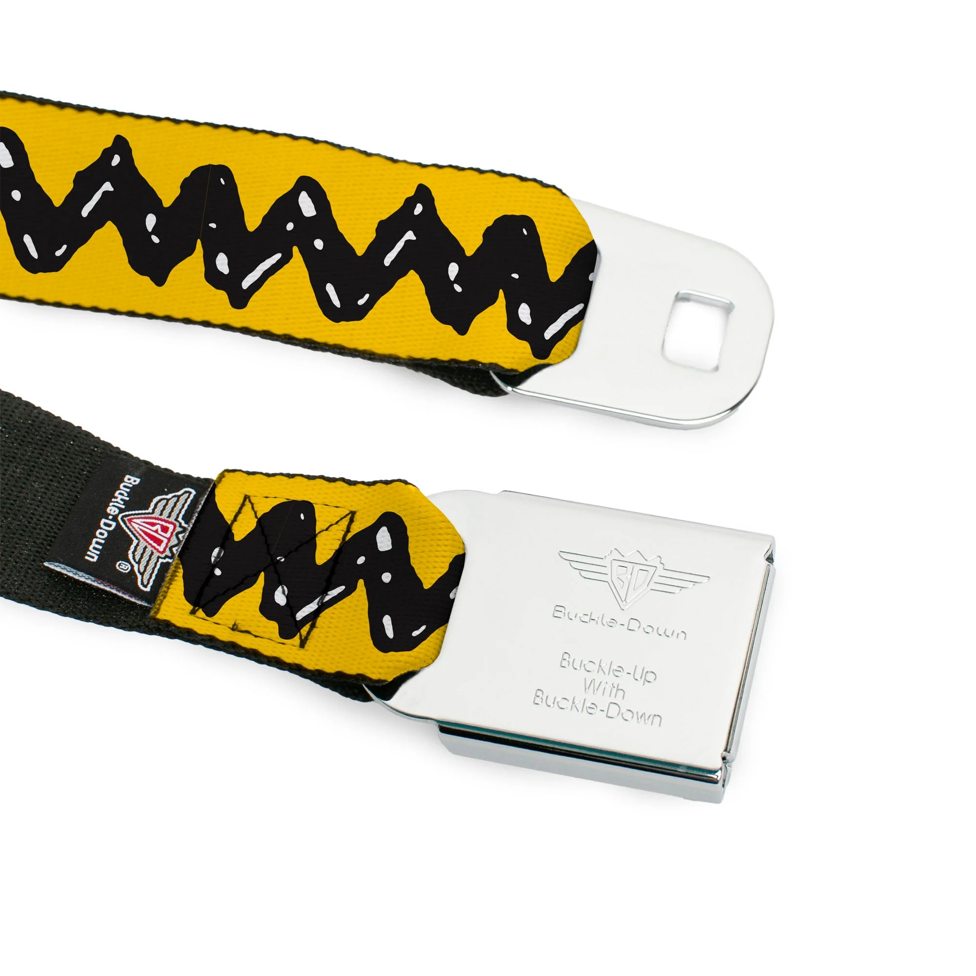 PEANUTS Title Logo Full Color Black/White Seatbelt Belt - Peanuts Charlie Brown Zig Zag Stripe Yellow/Black Webbing - Image 9