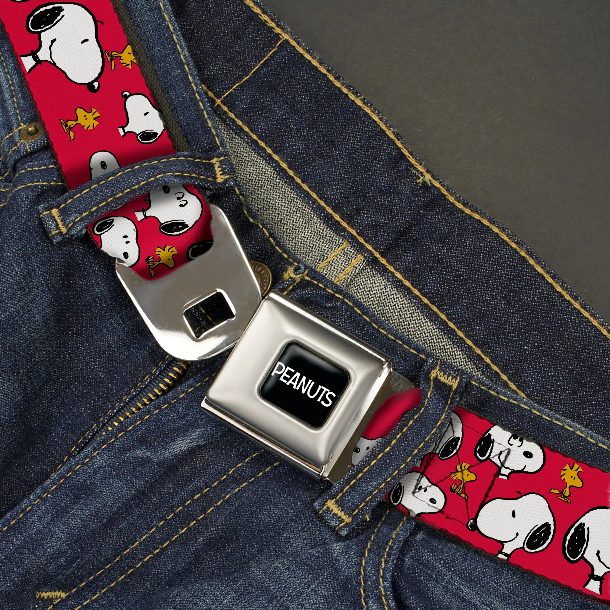 PEANUTS Title Logo Full Color Black/White Seatbelt Belt - Peanuts Snoopy and Woodstock Poses Scattered Red Webbing - Image 2