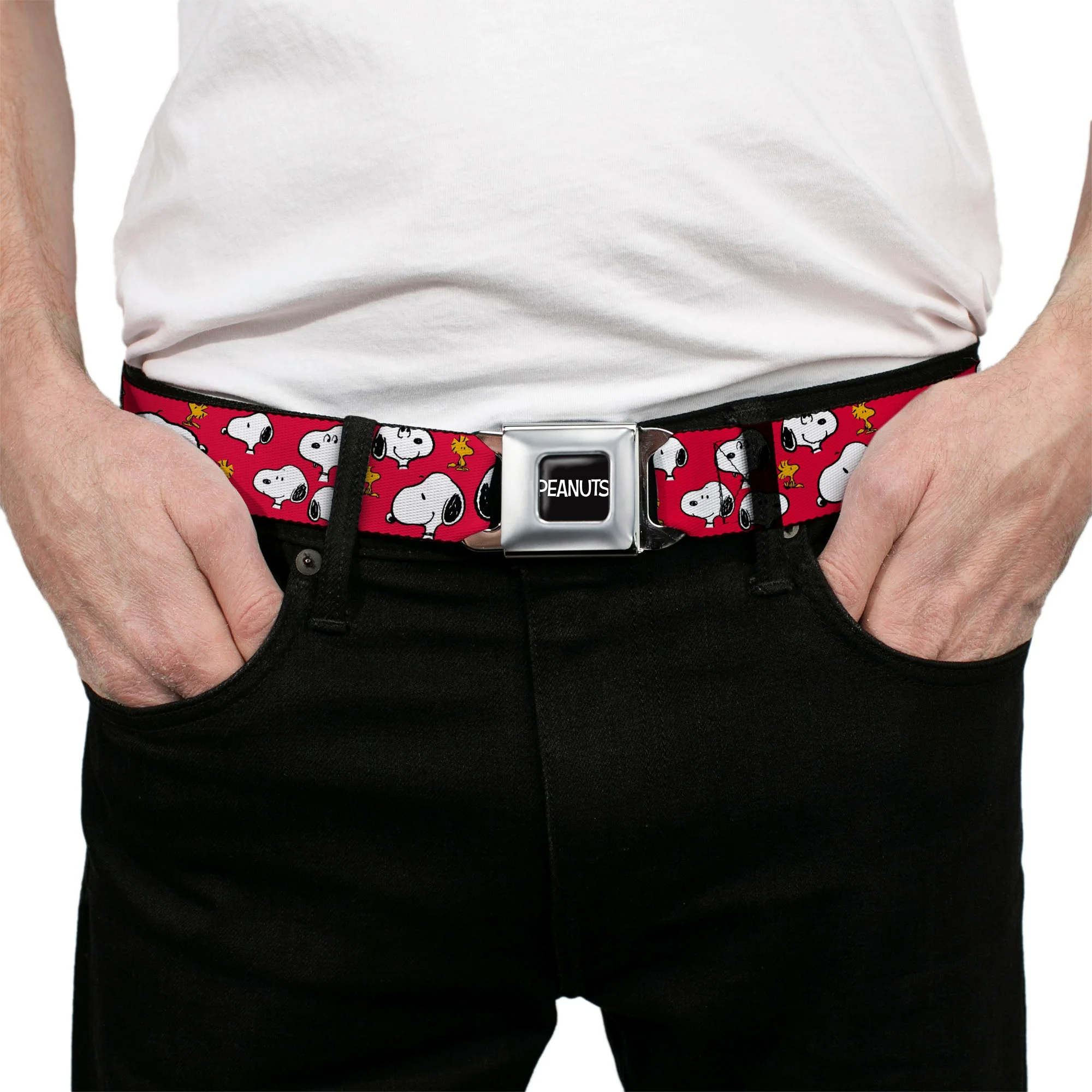 PEANUTS Title Logo Full Color Black/White Seatbelt Belt - Peanuts Snoopy and Woodstock Poses Scattered Red Webbing - Image 3