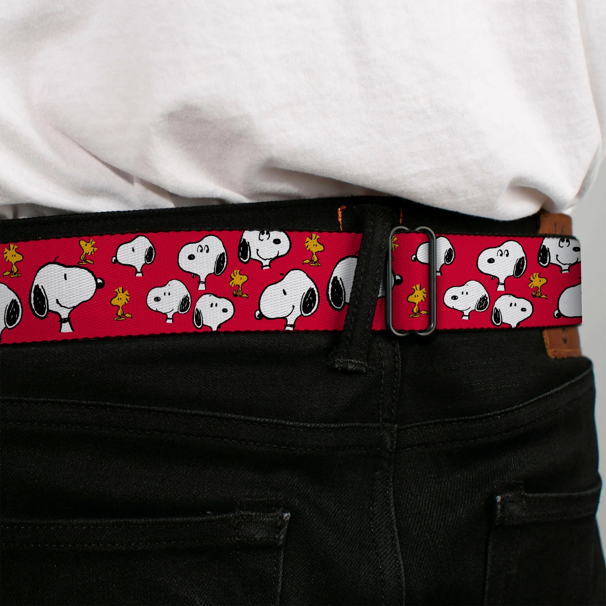 PEANUTS Title Logo Full Color Black/White Seatbelt Belt - Peanuts Snoopy and Woodstock Poses Scattered Red Webbing - Image 4