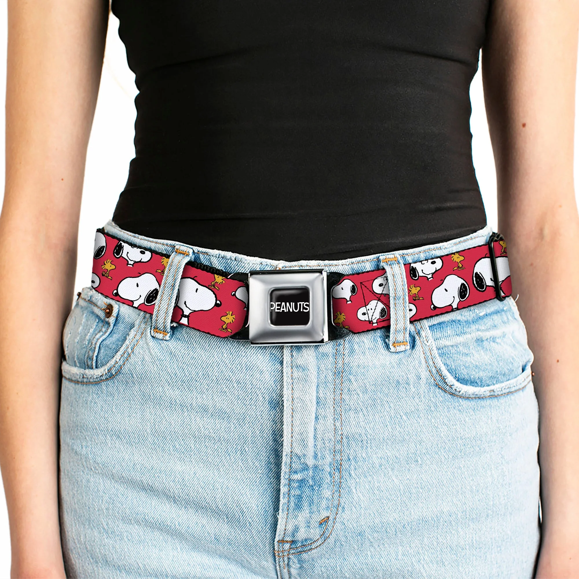 PEANUTS Title Logo Full Color Black/White Seatbelt Belt - Peanuts Snoopy and Woodstock Poses Scattered Red Webbing - Image 5