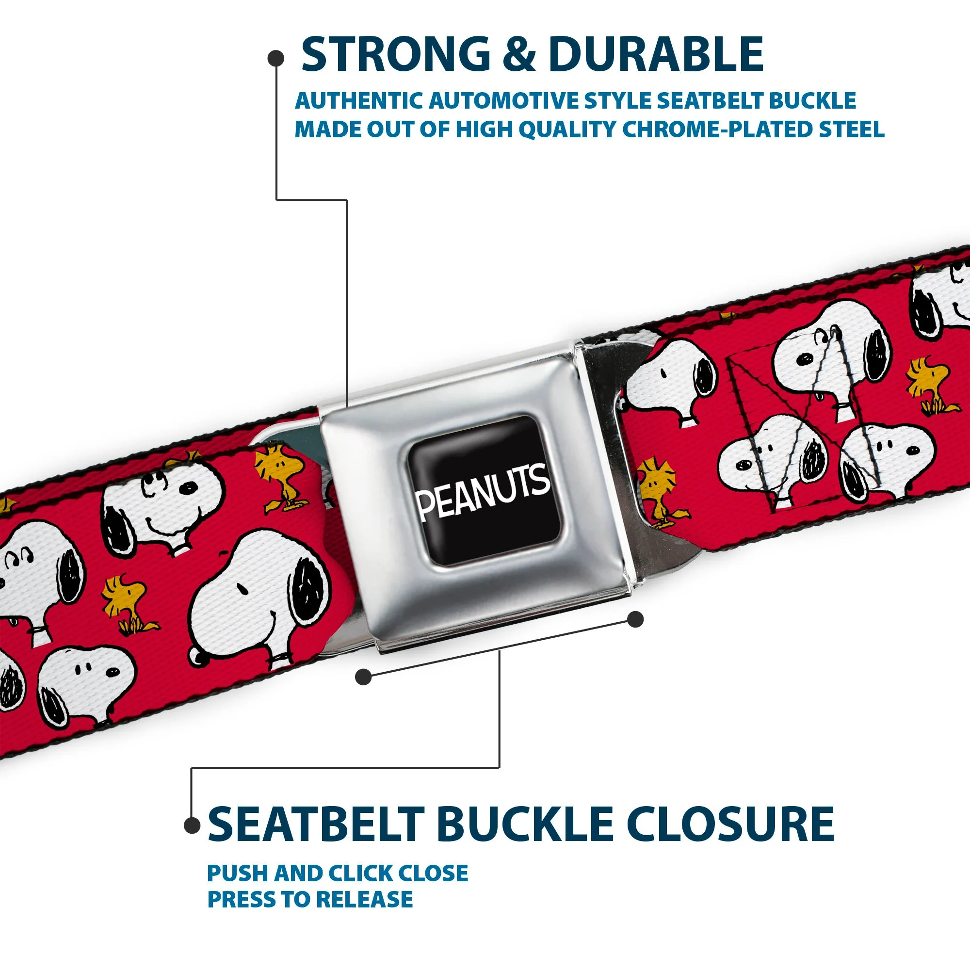 PEANUTS Title Logo Full Color Black/White Seatbelt Belt - Peanuts Snoopy and Woodstock Poses Scattered Red Webbing - Image 7