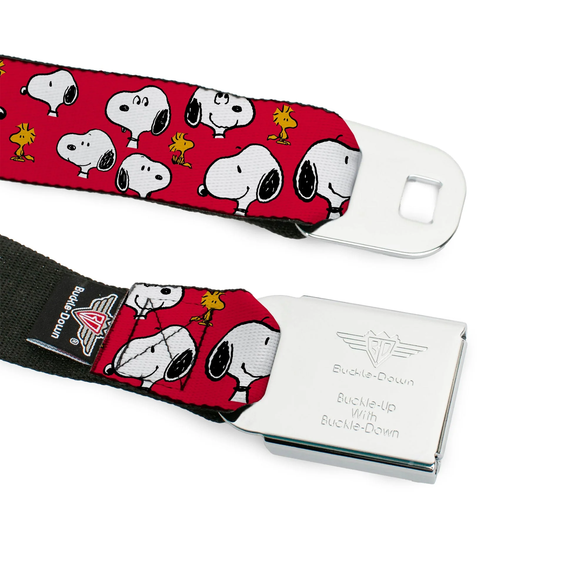 PEANUTS Title Logo Full Color Black/White Seatbelt Belt - Peanuts Snoopy and Woodstock Poses Scattered Red Webbing - Image 9