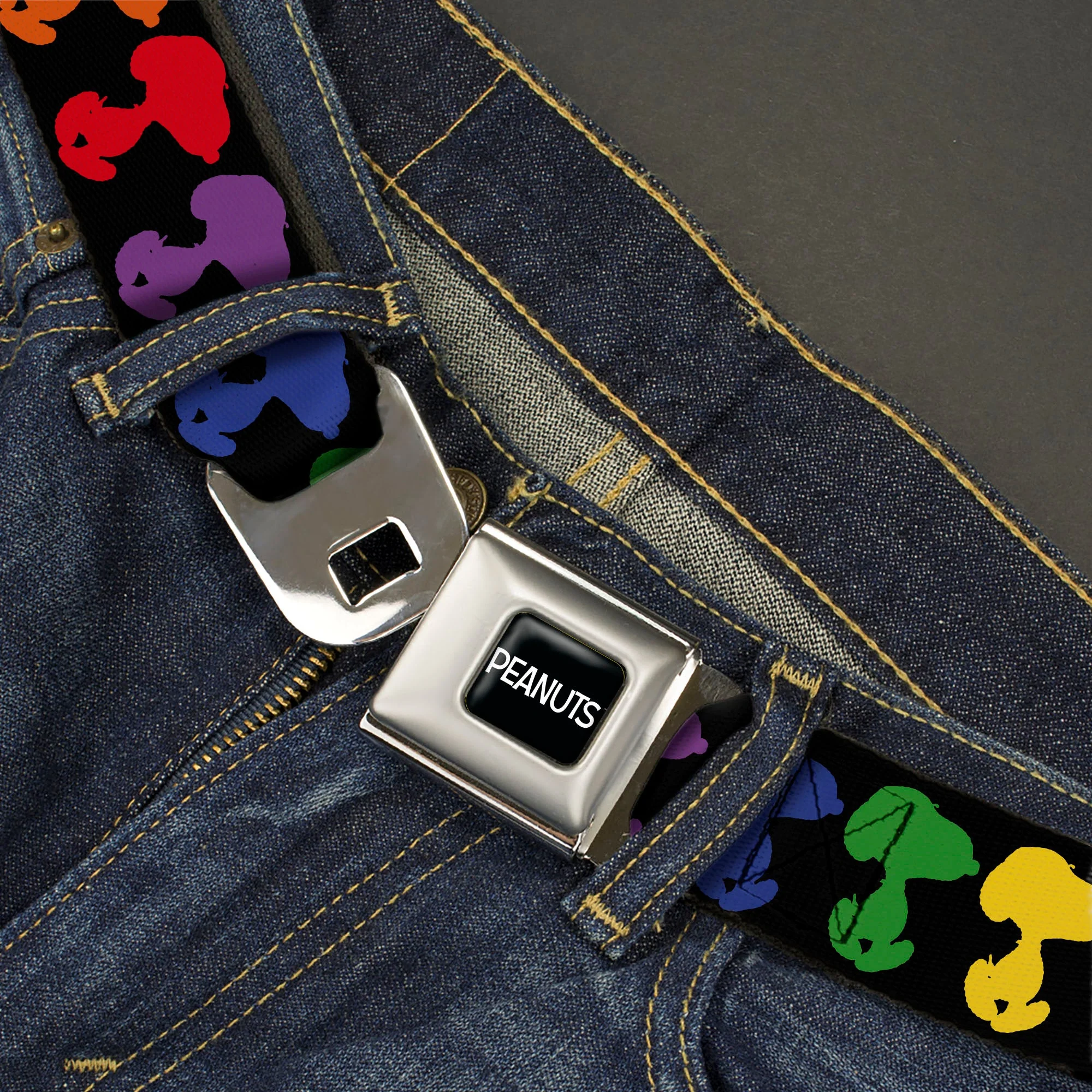PEANUTS Title Logo Full Color Black/White Seatbelt Belt - Peanuts Snoopy Silhoutte Pose Black/Rainbow Multi Color Webbing - Image 2