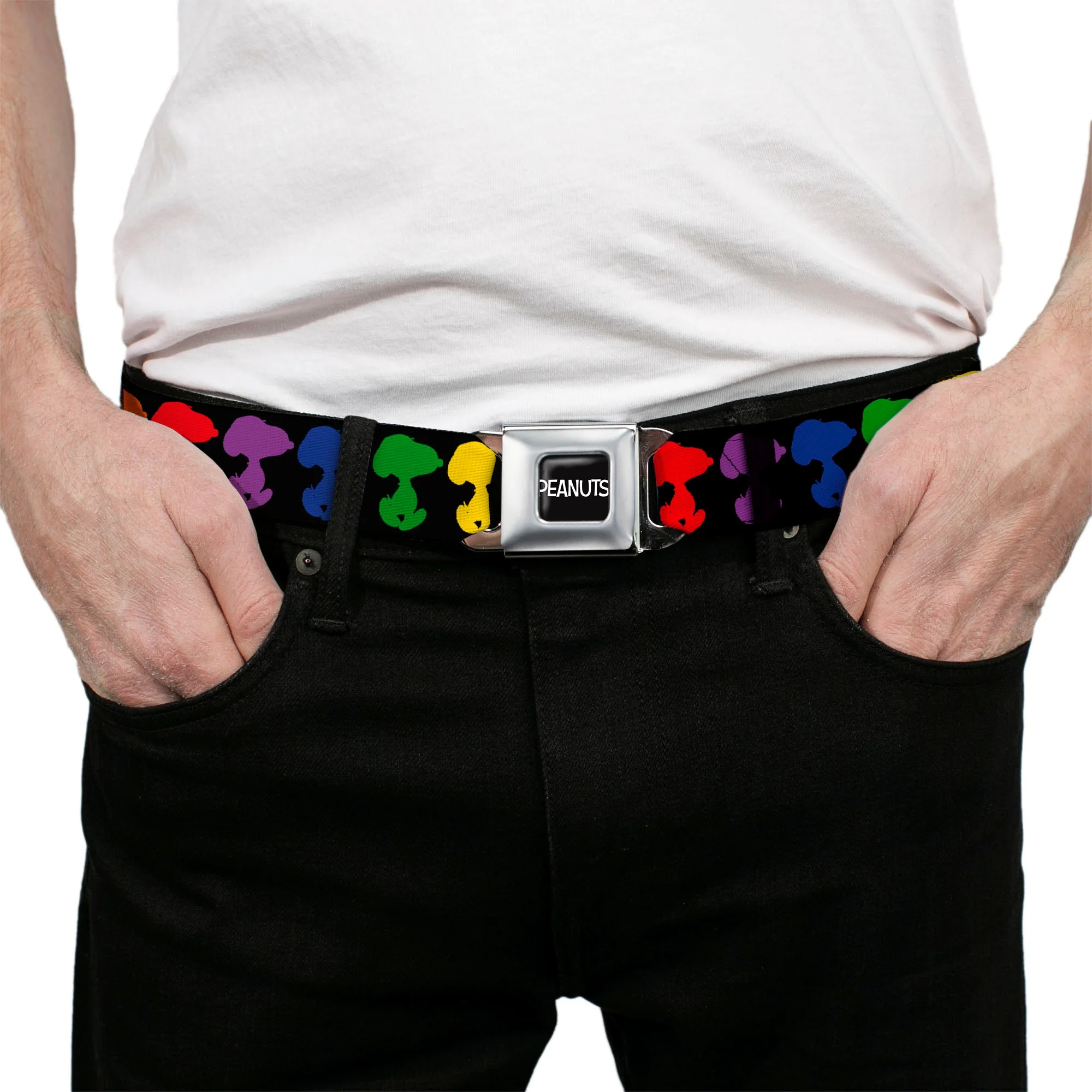 PEANUTS Title Logo Full Color Black/White Seatbelt Belt - Peanuts Snoopy Silhoutte Pose Black/Rainbow Multi Color Webbing - Image 3