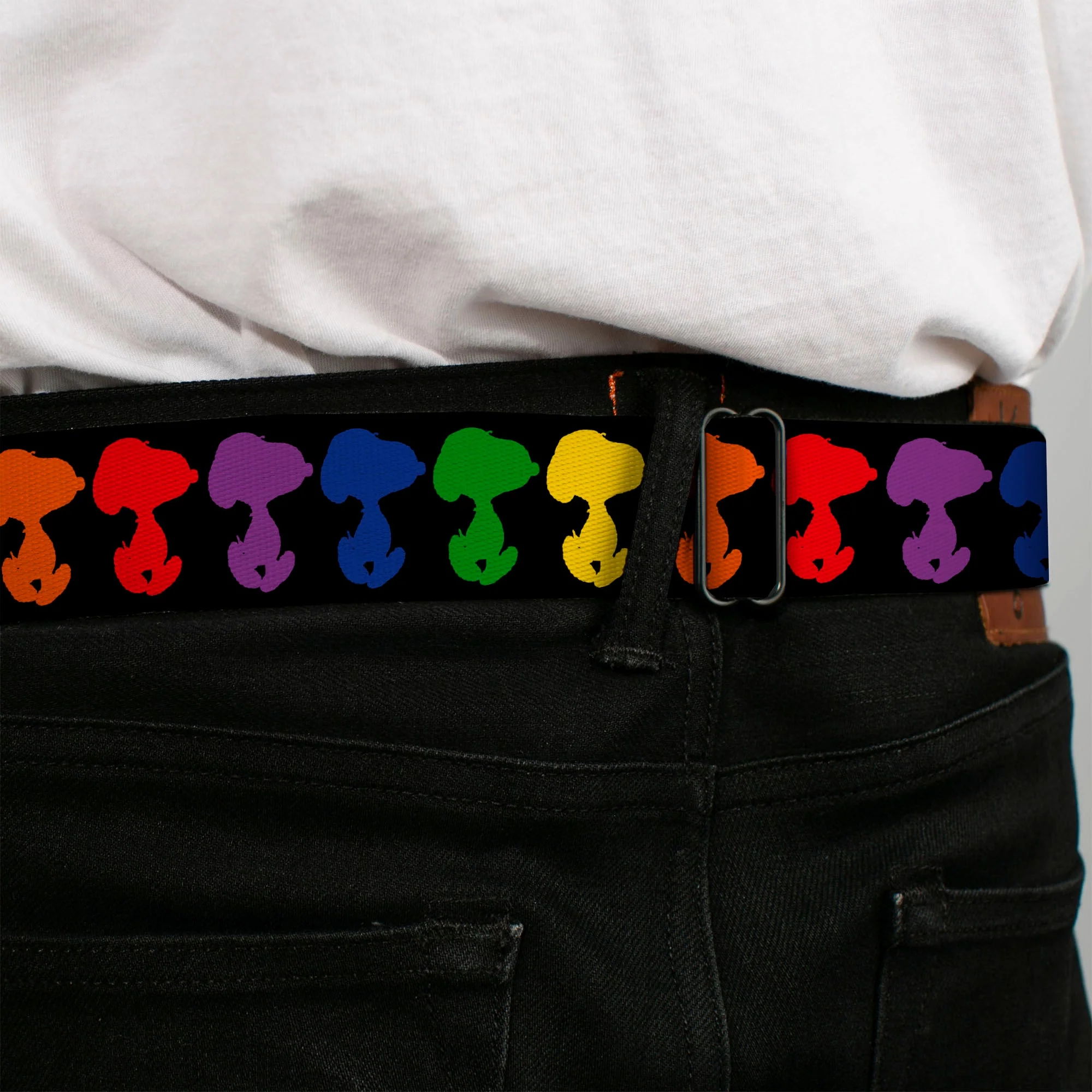 PEANUTS Title Logo Full Color Black/White Seatbelt Belt - Peanuts Snoopy Silhoutte Pose Black/Rainbow Multi Color Webbing - Image 4