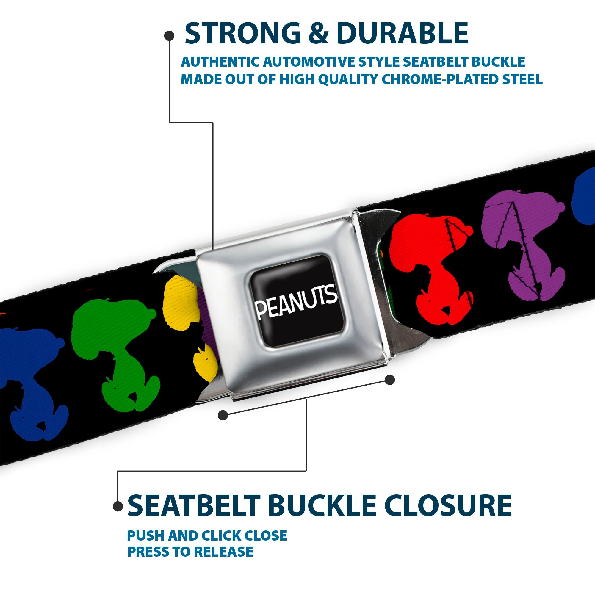 PEANUTS Title Logo Full Color Black/White Seatbelt Belt - Peanuts Snoopy Silhoutte Pose Black/Rainbow Multi Color Webbing - Image 7