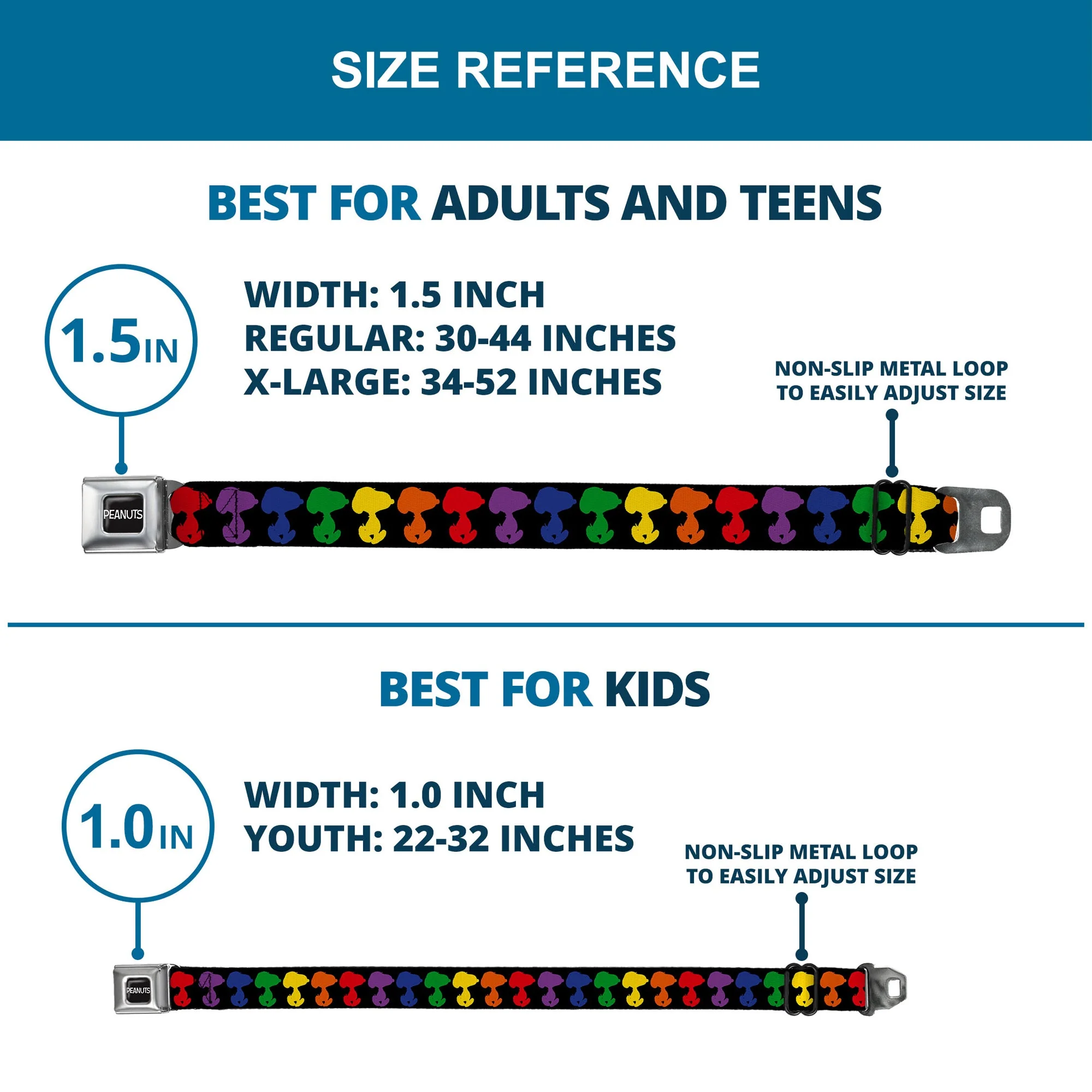 PEANUTS Title Logo Full Color Black/White Seatbelt Belt - Peanuts Snoopy Silhoutte Pose Black/Rainbow Multi Color Webbing - Image 8