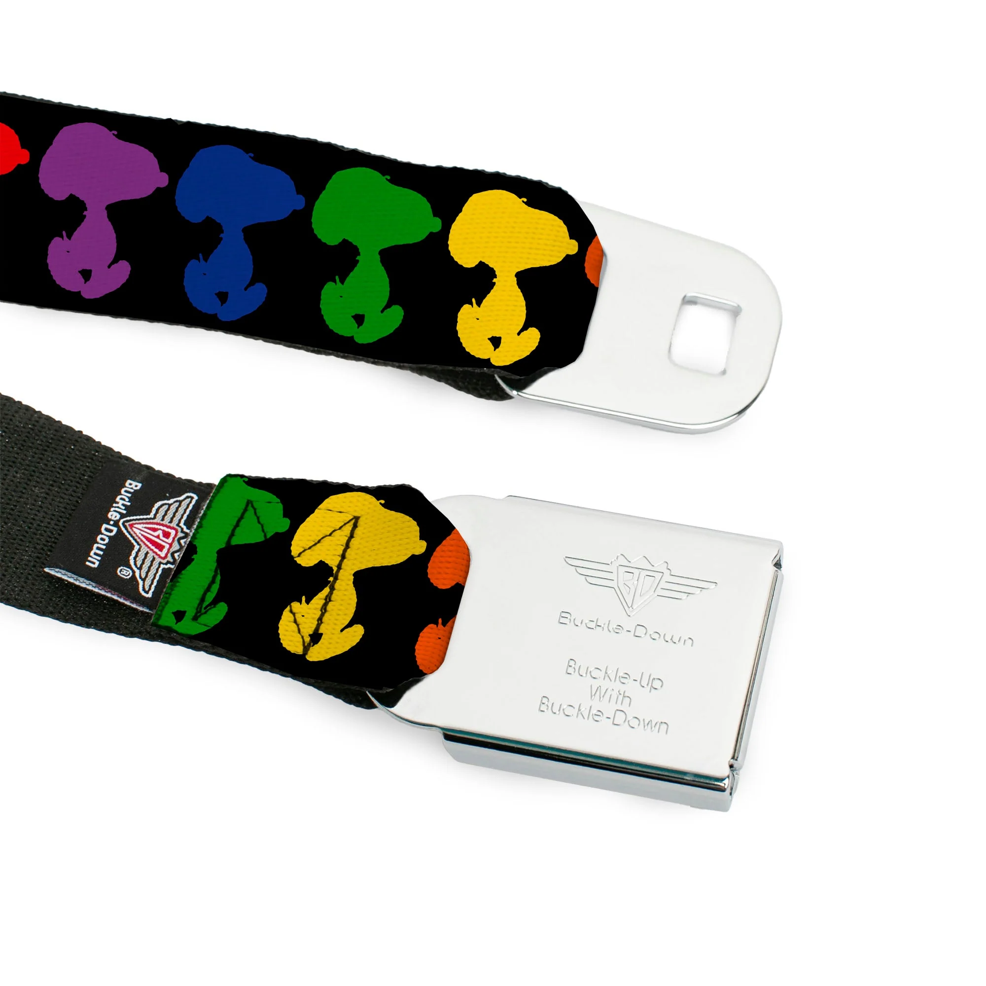PEANUTS Title Logo Full Color Black/White Seatbelt Belt - Peanuts Snoopy Silhoutte Pose Black/Rainbow Multi Color Webbing - Image 9