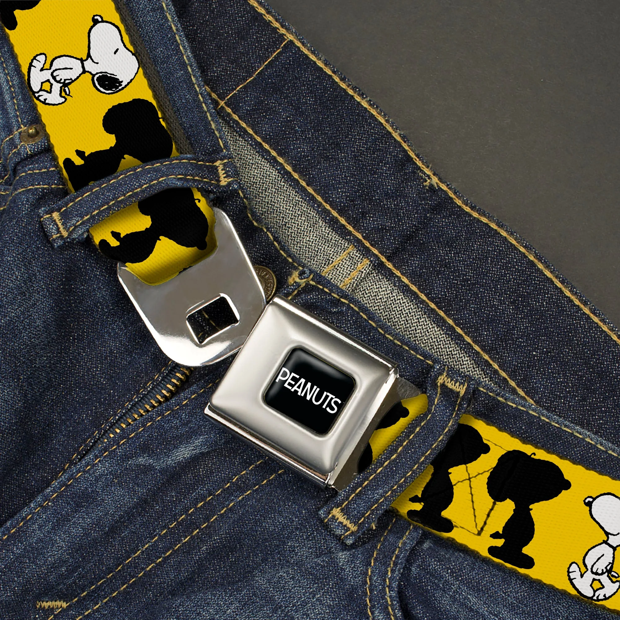 PEANUTS Title Logo Full Color Black/White Seatbelt Belt - Peanuts Snoopy Walking/Silhouette Pose Yellow/Black/White Webbing - Image 2