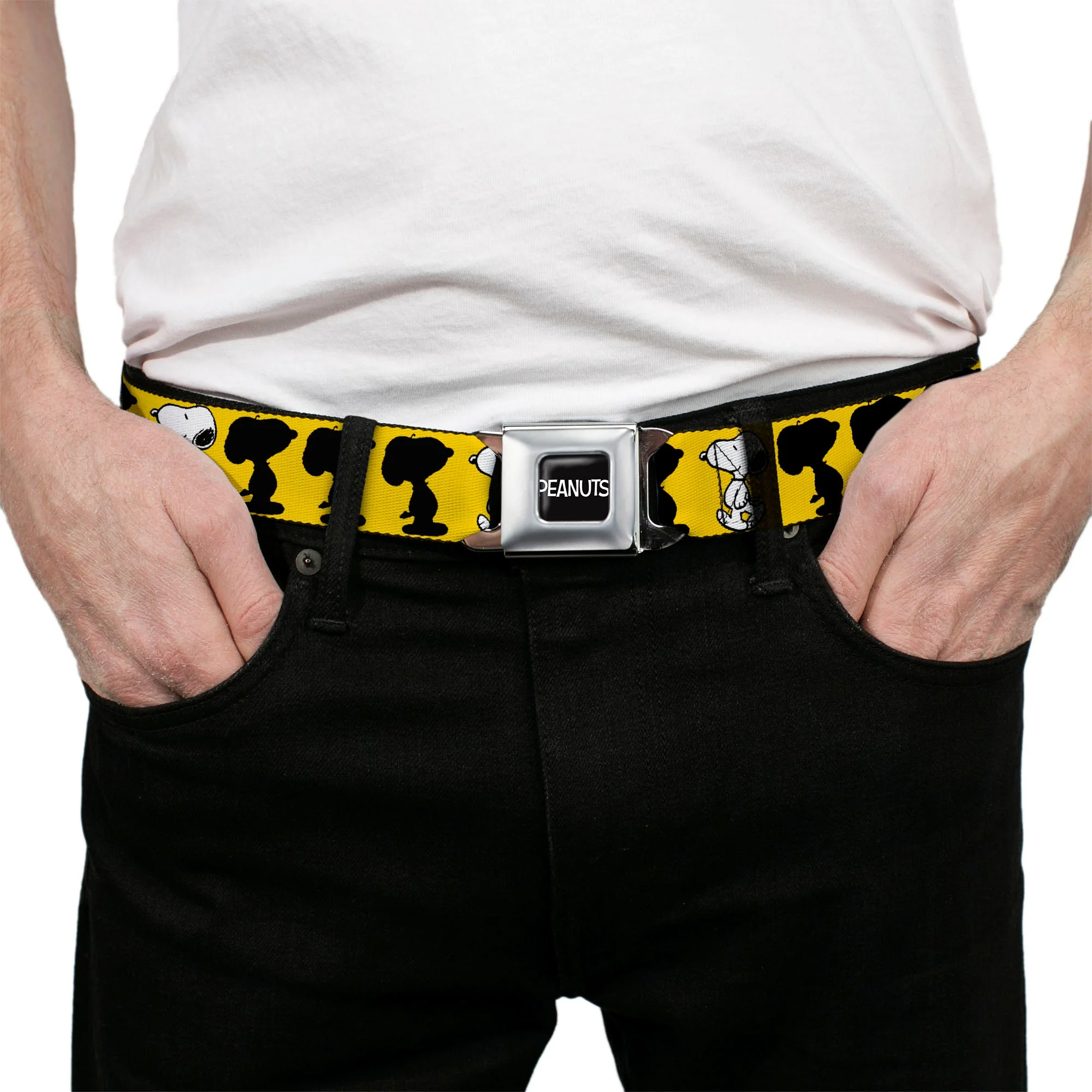 PEANUTS Title Logo Full Color Black/White Seatbelt Belt - Peanuts Snoopy Walking/Silhouette Pose Yellow/Black/White Webbing - Image 3