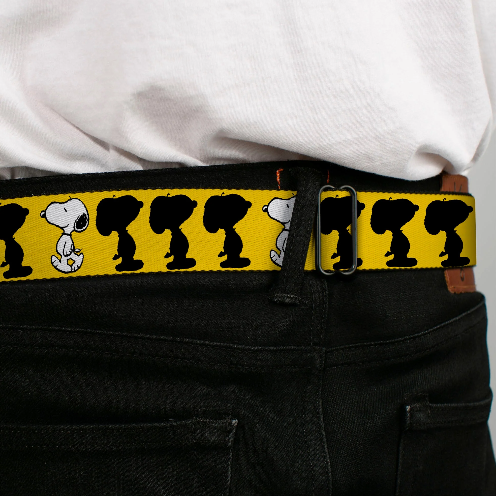 PEANUTS Title Logo Full Color Black/White Seatbelt Belt - Peanuts Snoopy Walking/Silhouette Pose Yellow/Black/White Webbing - Image 4