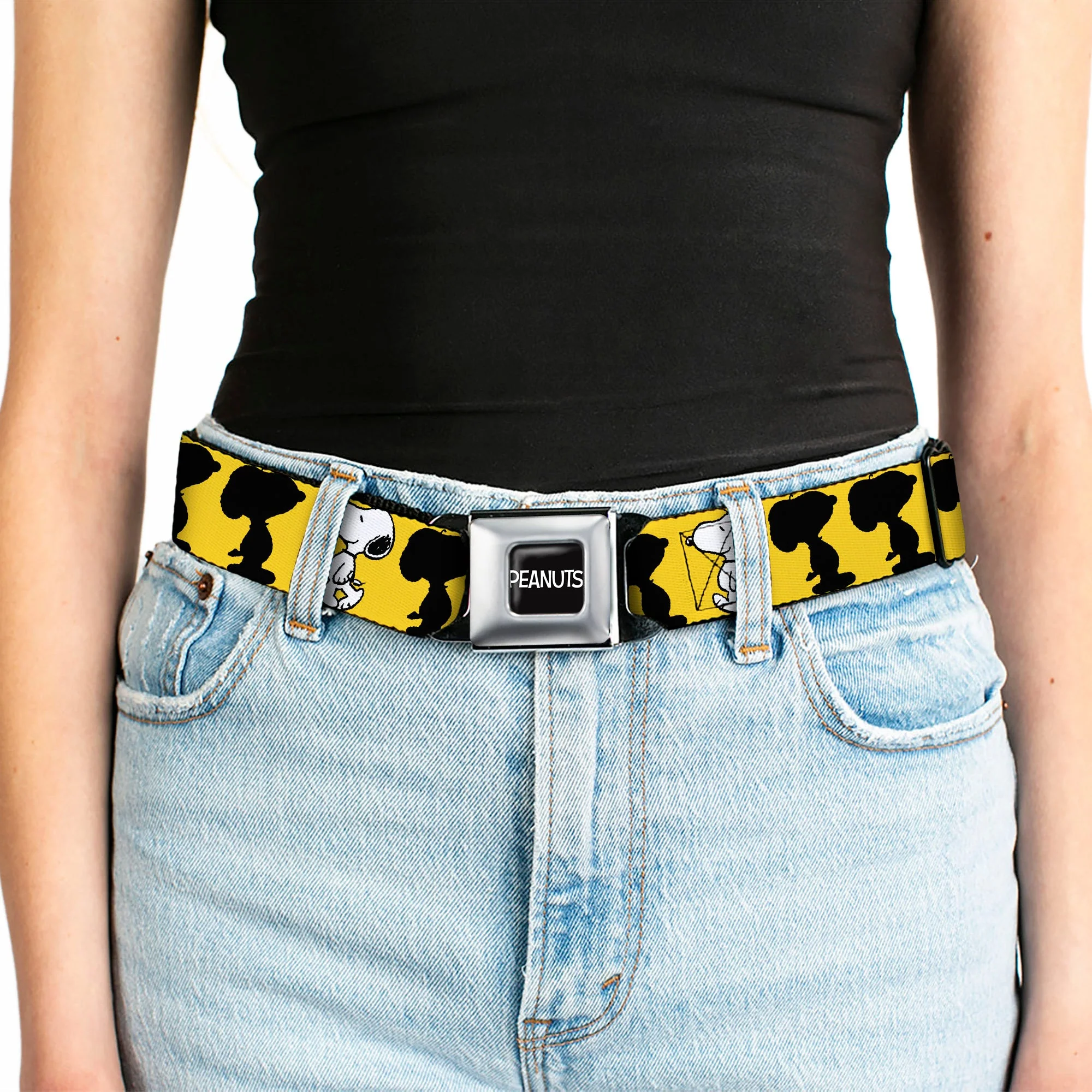 PEANUTS Title Logo Full Color Black/White Seatbelt Belt - Peanuts Snoopy Walking/Silhouette Pose Yellow/Black/White Webbing - Image 5
