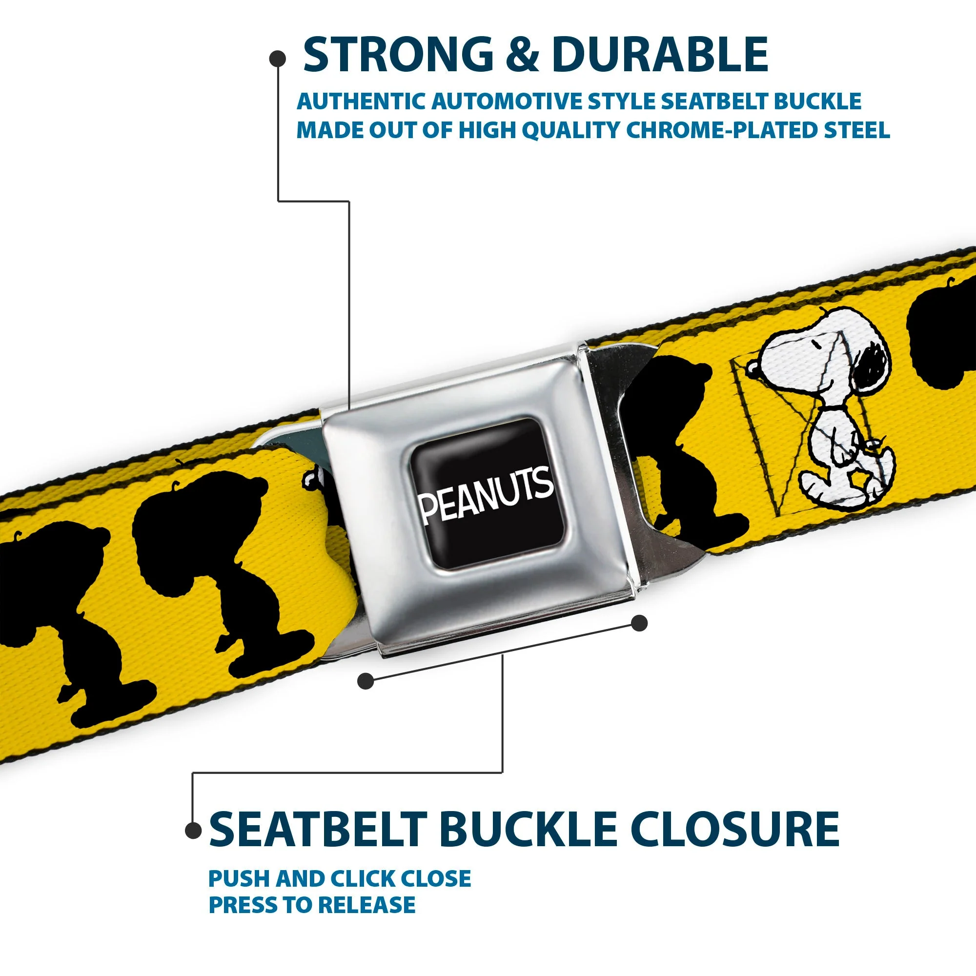 PEANUTS Title Logo Full Color Black/White Seatbelt Belt - Peanuts Snoopy Walking/Silhouette Pose Yellow/Black/White Webbing - Image 7