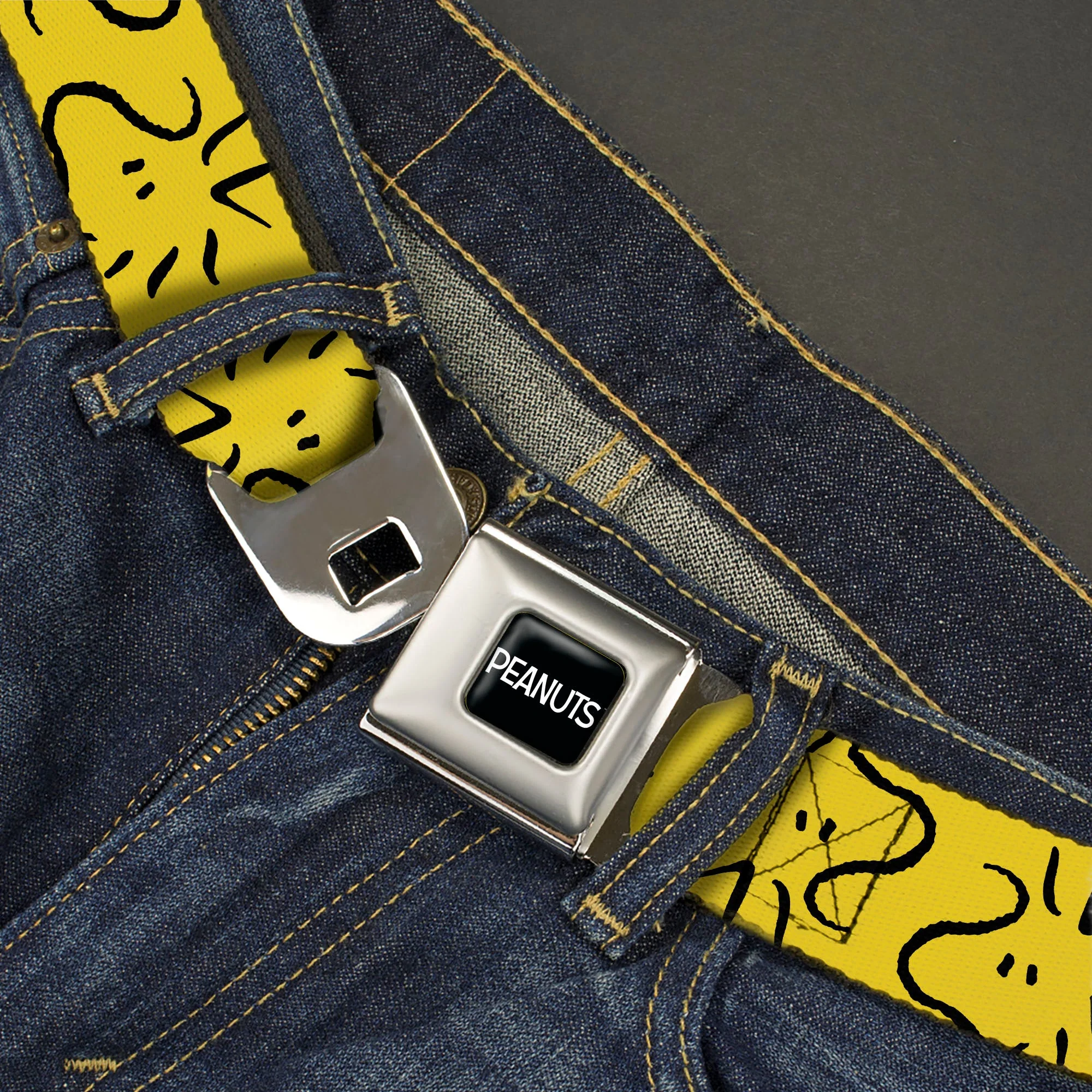 PEANUTS Title Logo Full Color Black/White Seatbelt Belt - Peanuts Woodstock Line Face Line Art Yellow/Black Webbing - Image 2
