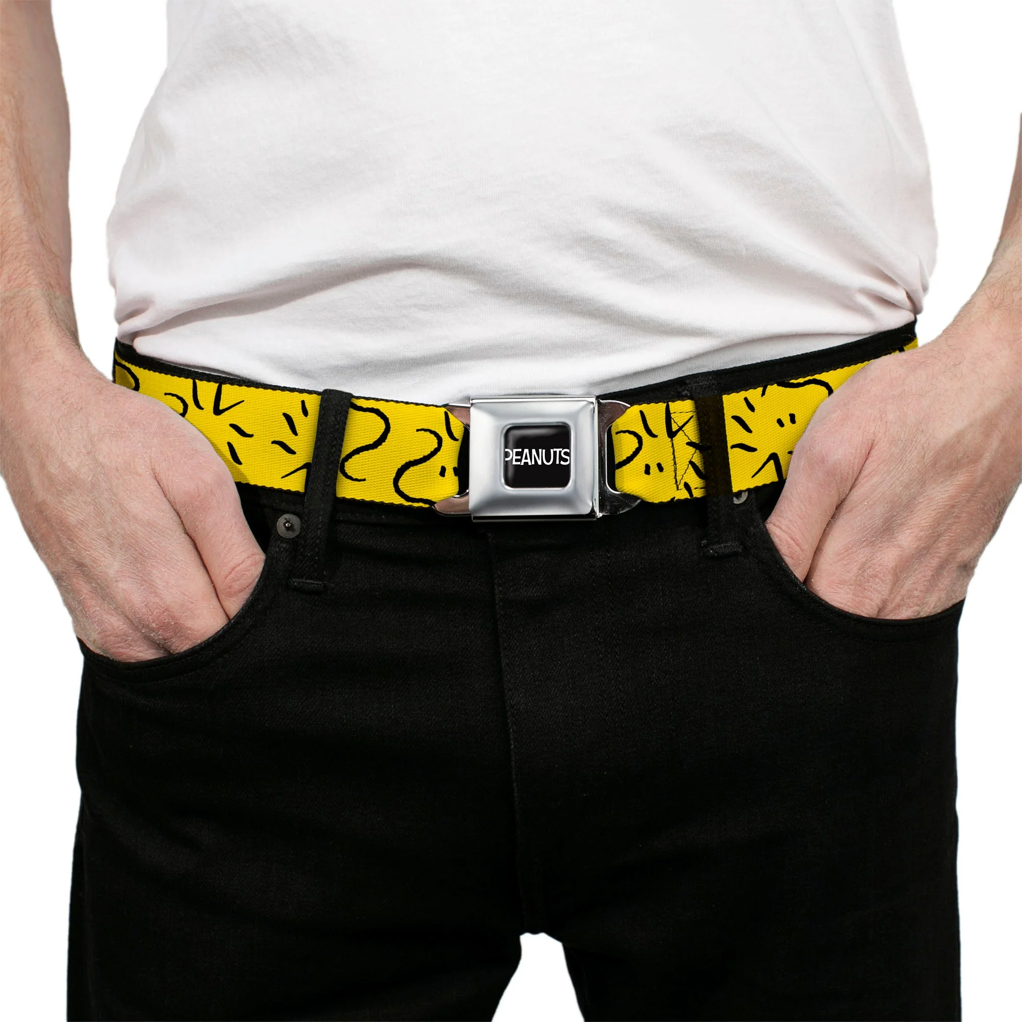 PEANUTS Title Logo Full Color Black/White Seatbelt Belt - Peanuts Woodstock Line Face Line Art Yellow/Black Webbing - Image 3
