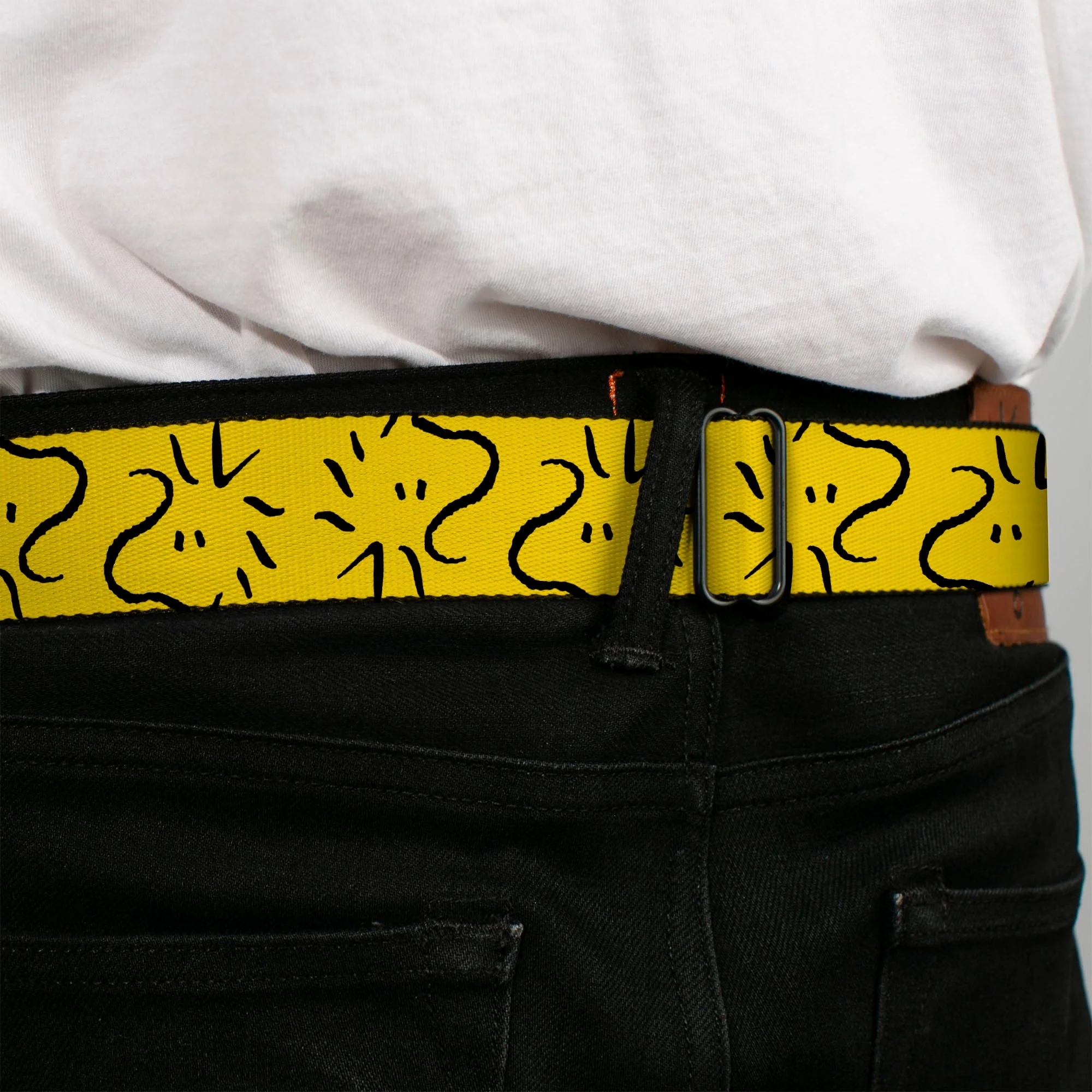 PEANUTS Title Logo Full Color Black/White Seatbelt Belt - Peanuts Woodstock Line Face Line Art Yellow/Black Webbing - Image 4