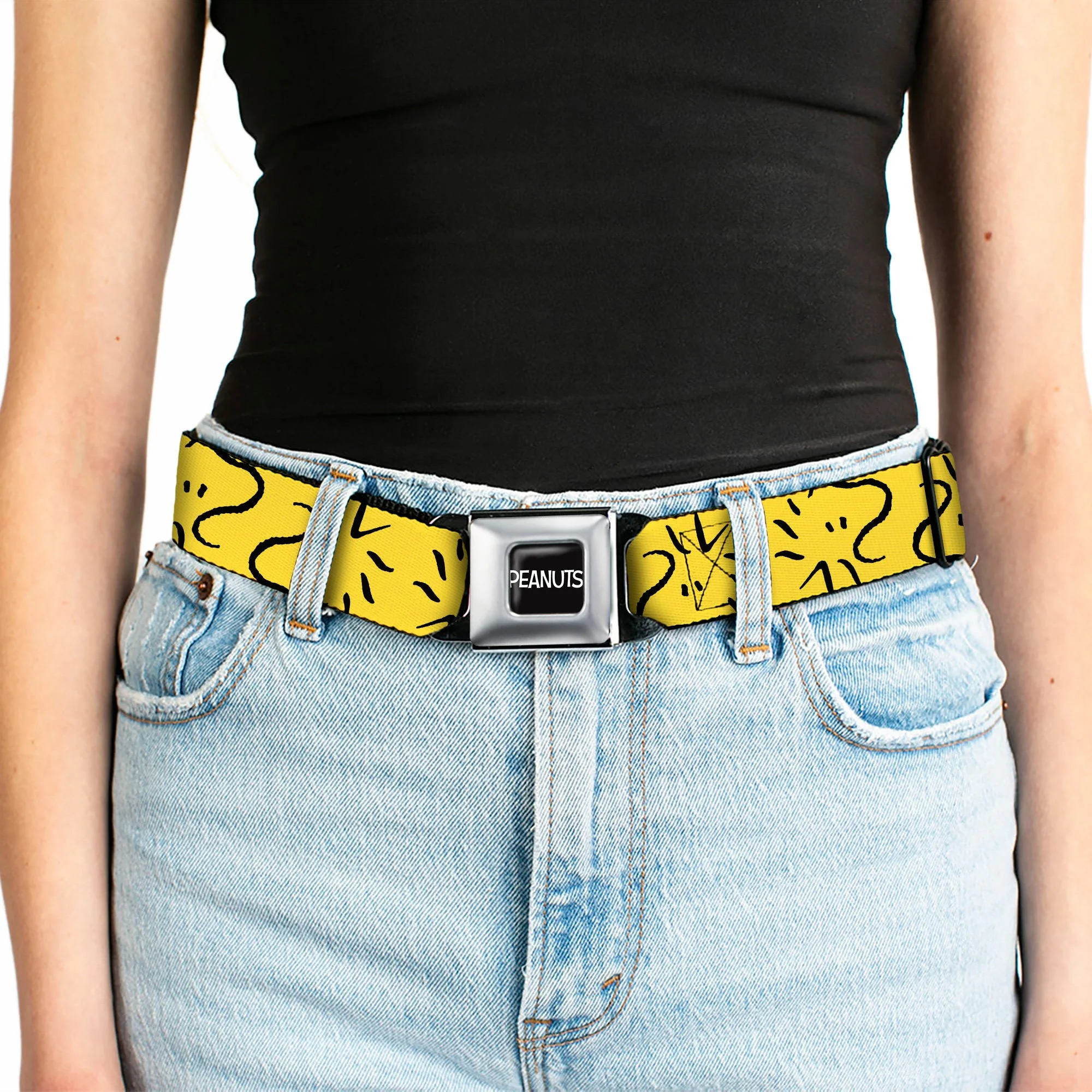 PEANUTS Title Logo Full Color Black/White Seatbelt Belt - Peanuts Woodstock Line Face Line Art Yellow/Black Webbing - Image 5