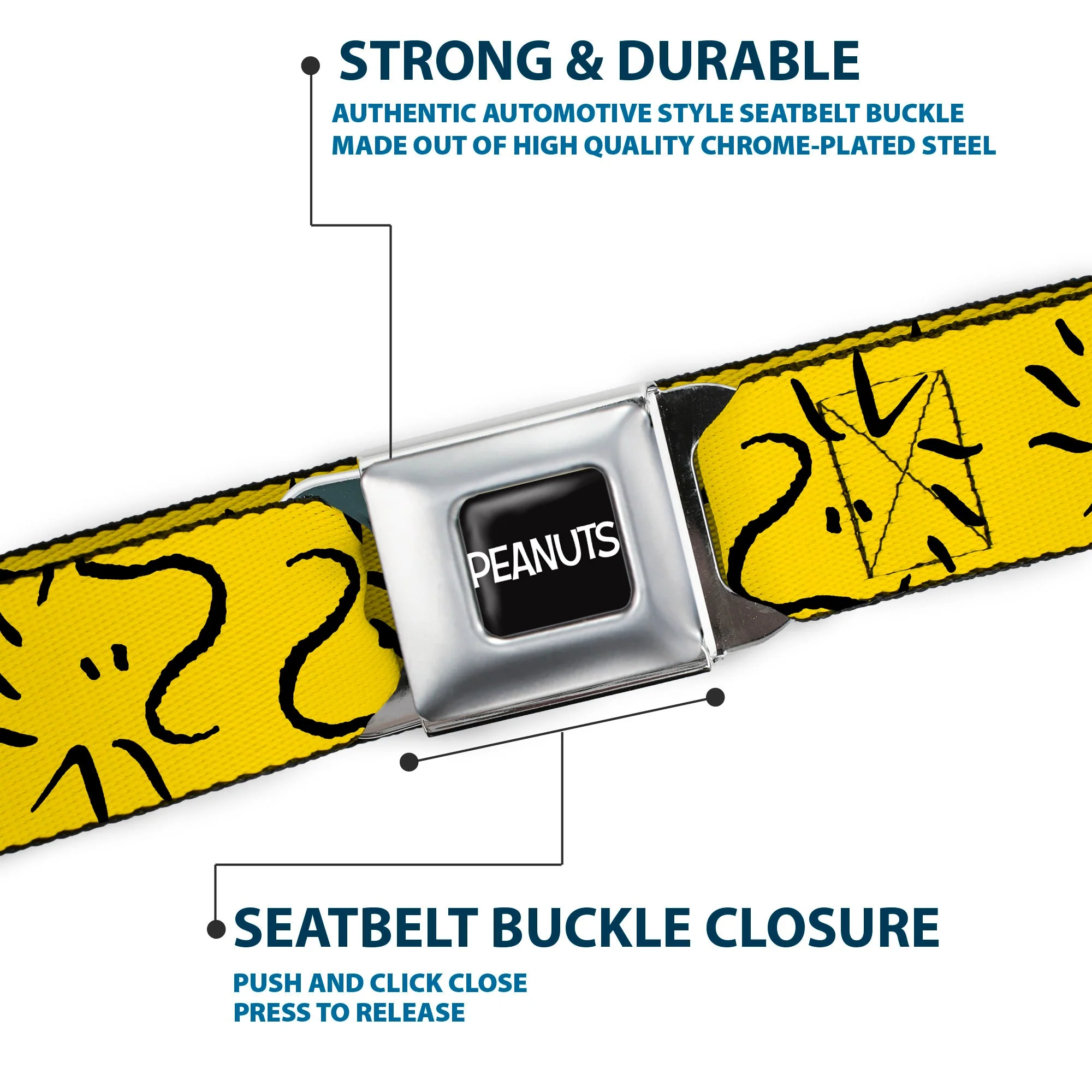 PEANUTS Title Logo Full Color Black/White Seatbelt Belt - Peanuts Woodstock Line Face Line Art Yellow/Black Webbing - Image 7