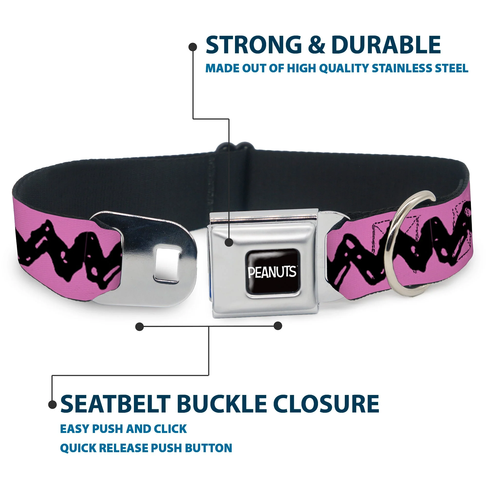PEANUTS Title Logo Full Color Black/White Seatbelt Buckle Collar - Peanuts Charlie Brown Zig Zag Stripe Pink/Black - Image 4