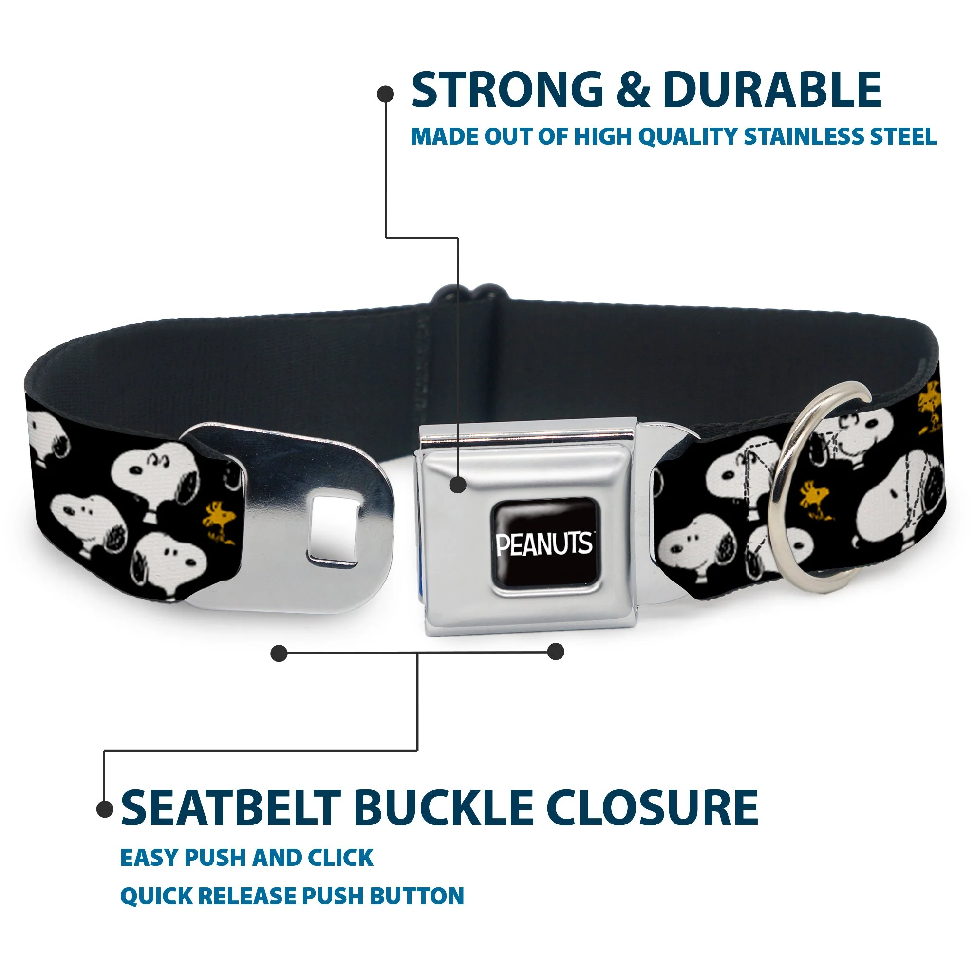 PEANUTS Title Logo Full Color Black/White Seatbelt Buckle Collar - Peanuts Snoopy and Woodstock Poses Scattered Black - Image 4