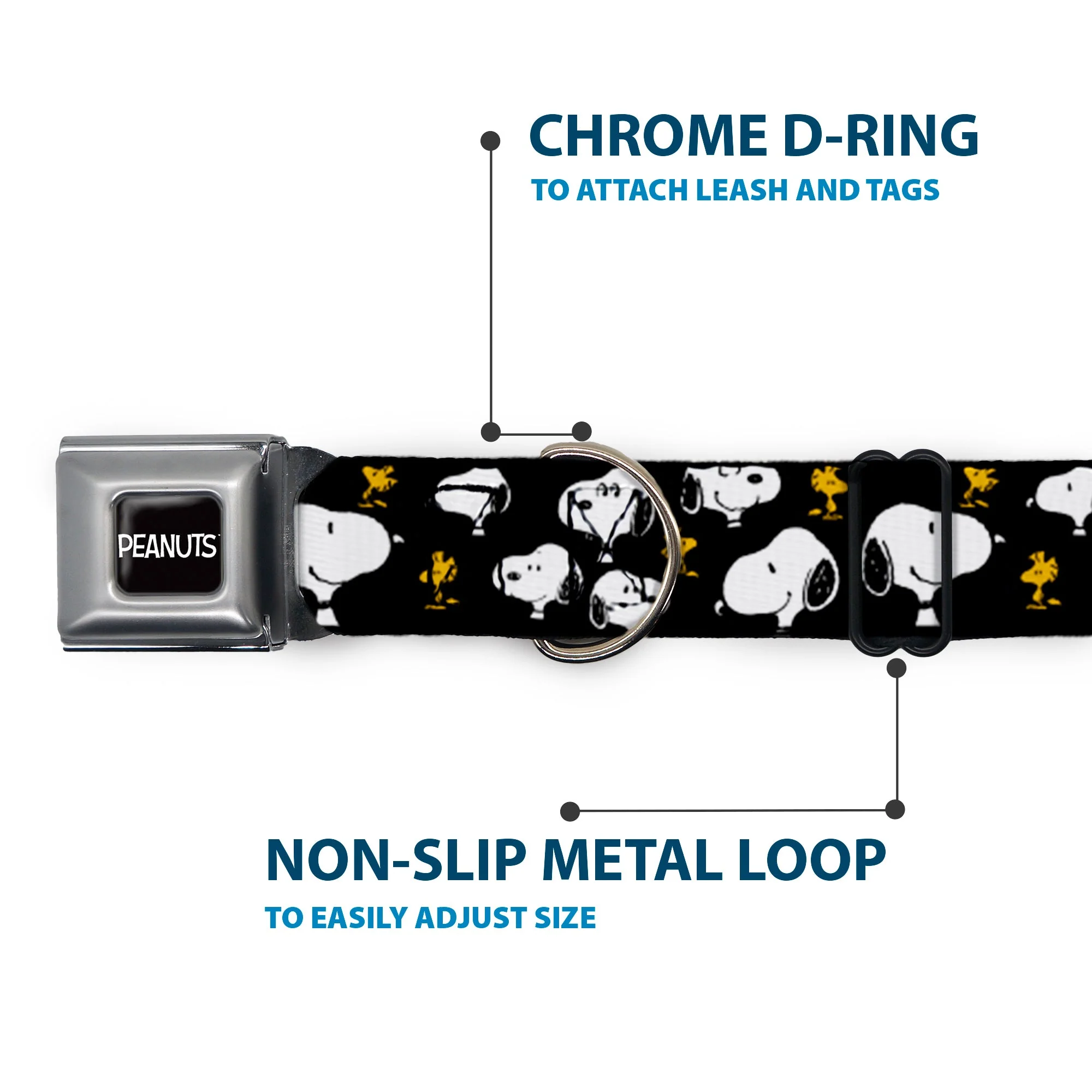 PEANUTS Title Logo Full Color Black/White Seatbelt Buckle Collar - Peanuts Snoopy and Woodstock Poses Scattered Black - Image 5