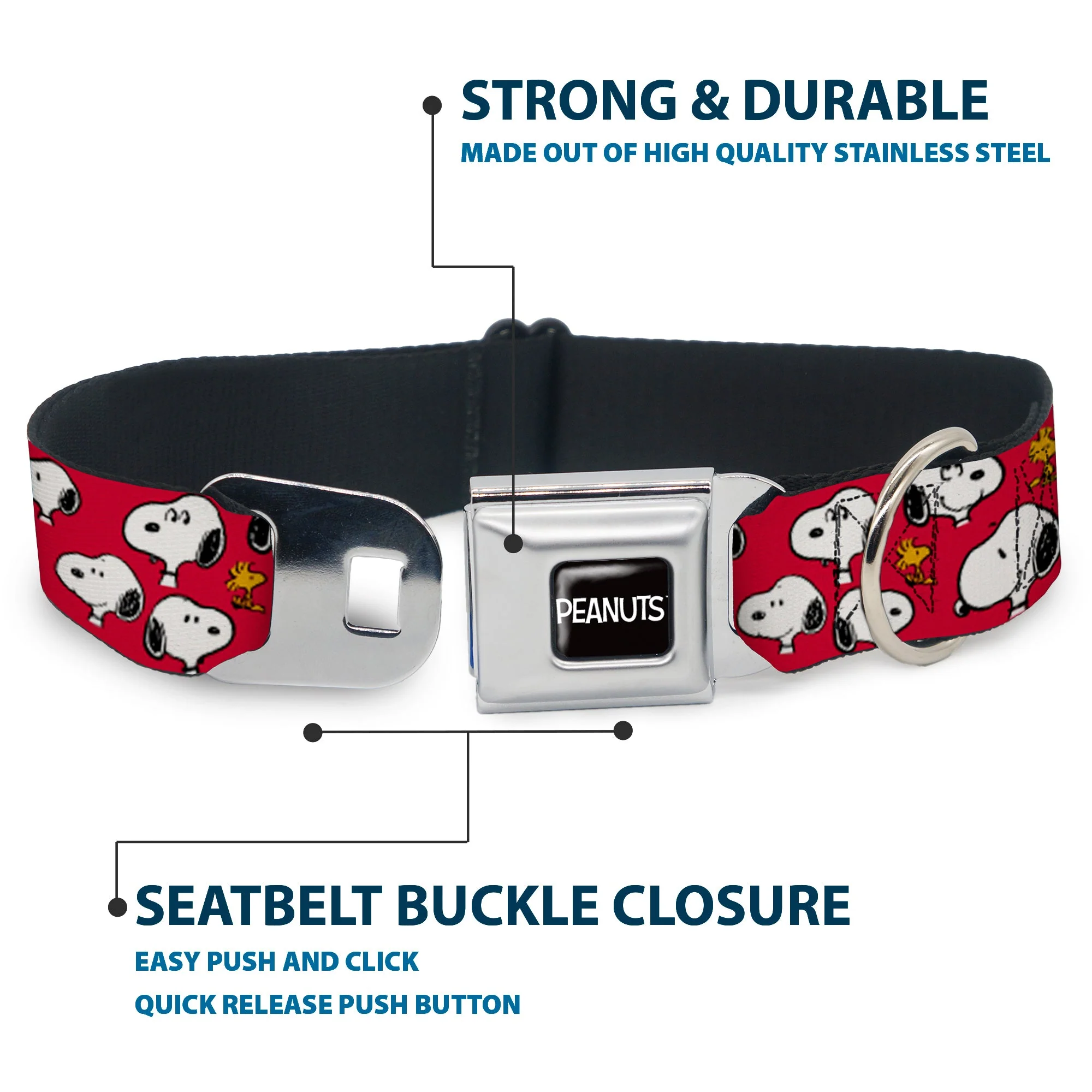 PEANUTS Title Logo Full Color Black/White Seatbelt Buckle Collar - Peanuts Snoopy and Woodstock Poses Scattered Red - Image 4