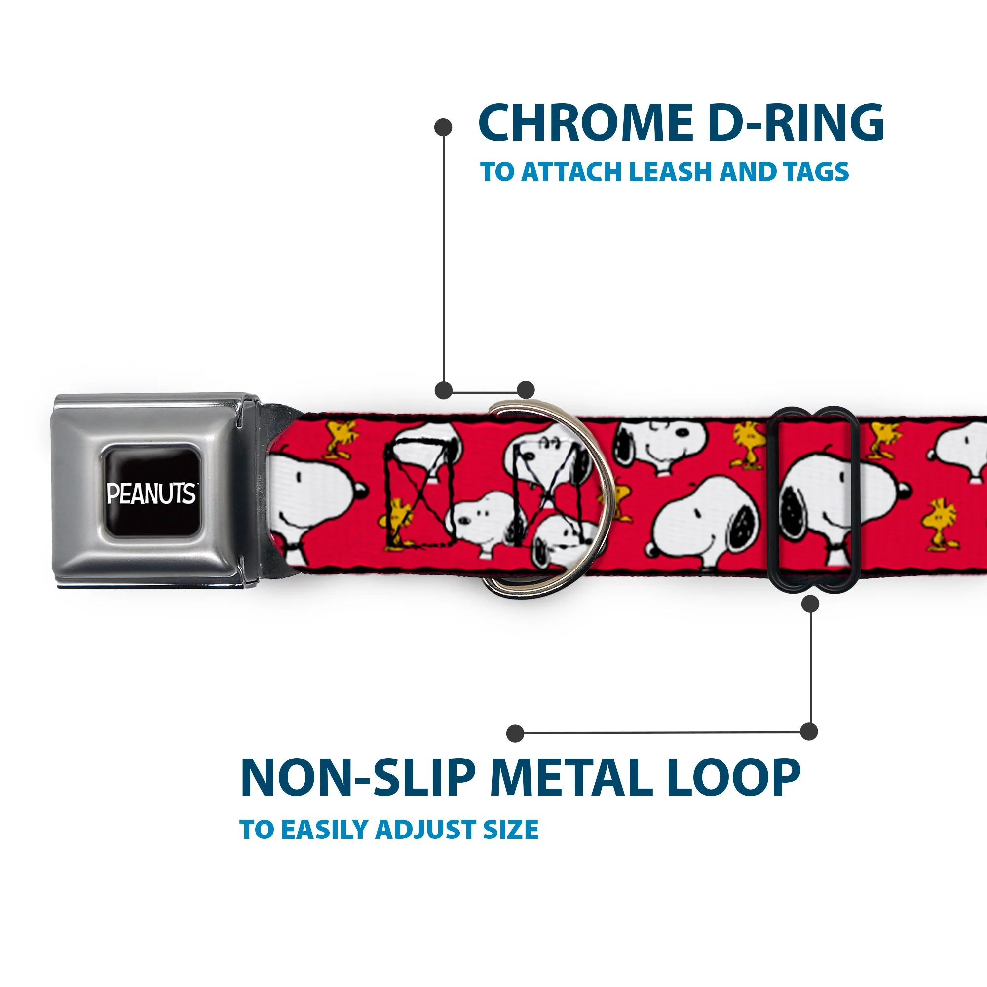 PEANUTS Title Logo Full Color Black/White Seatbelt Buckle Collar - Peanuts Snoopy and Woodstock Poses Scattered Red - Image 5
