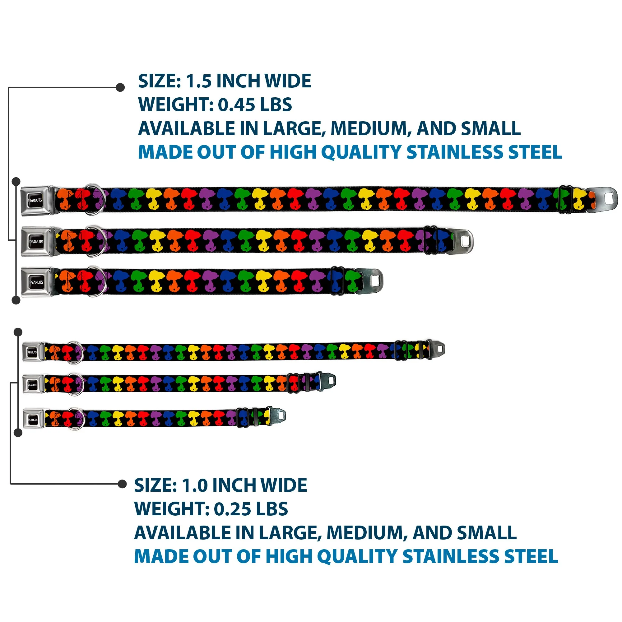 PEANUTS Title Logo Full Color Black/White Seatbelt Buckle Collar - Peanuts Snoopy Silhoutte Pose Black/Rainbow Multi Color - Image 3