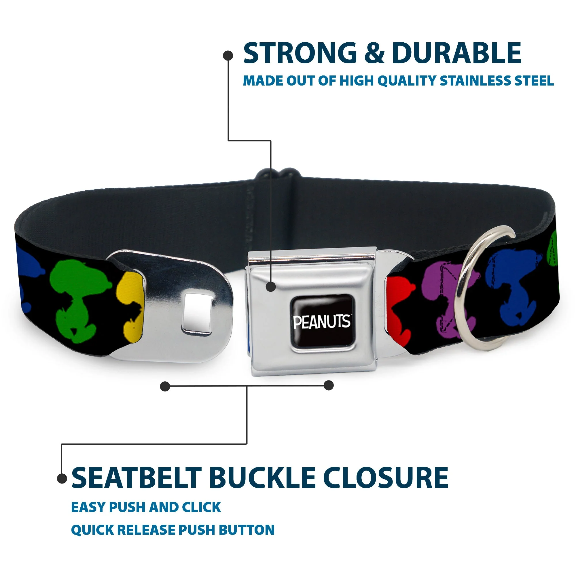 PEANUTS Title Logo Full Color Black/White Seatbelt Buckle Collar - Peanuts Snoopy Silhoutte Pose Black/Rainbow Multi Color - Image 4