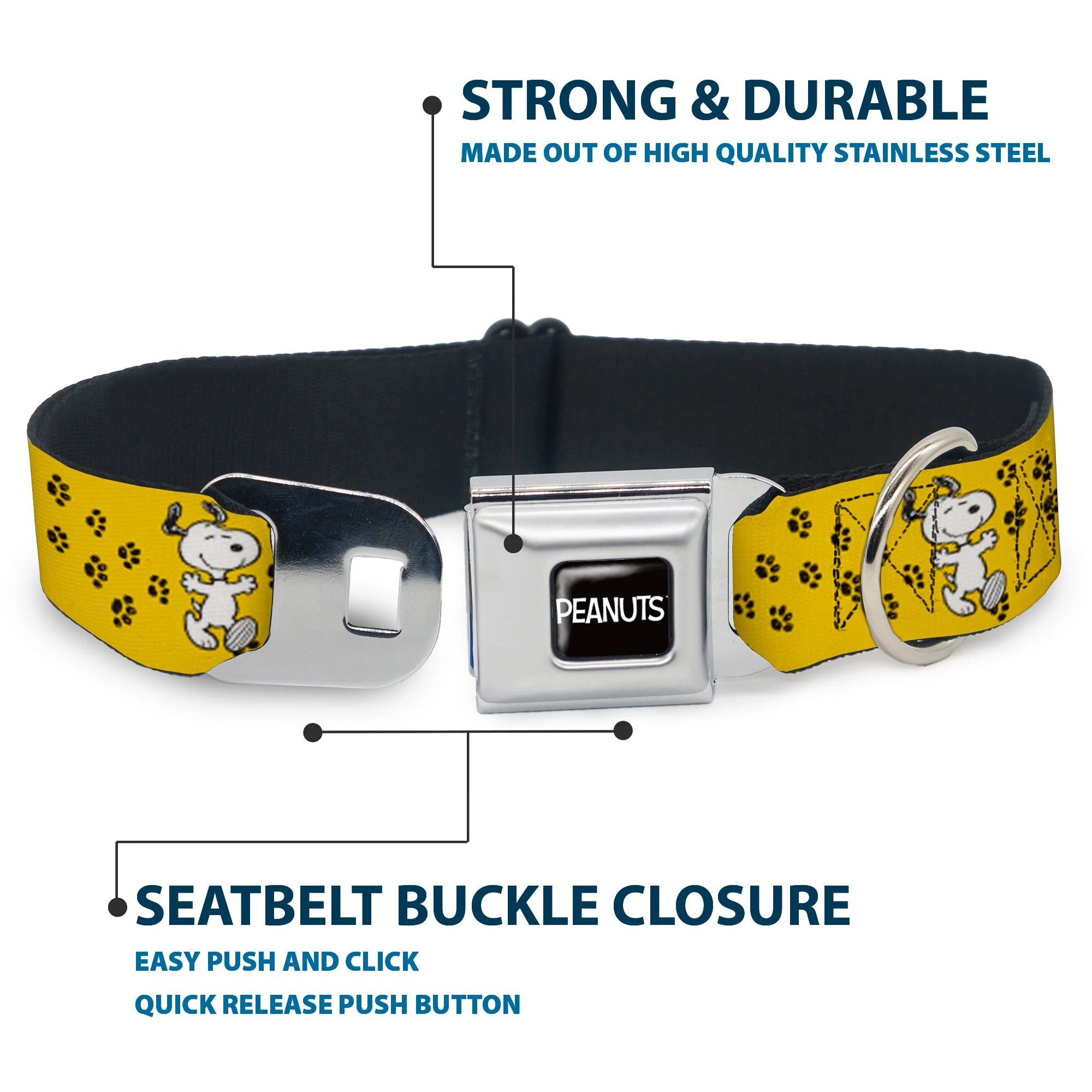 PEANUTS Title Logo Full Color Black/White Seatbelt Buckle Collar - Peanuts Snoopy Smiling Pose/Paw Print Yellow/Black/White - Image 4