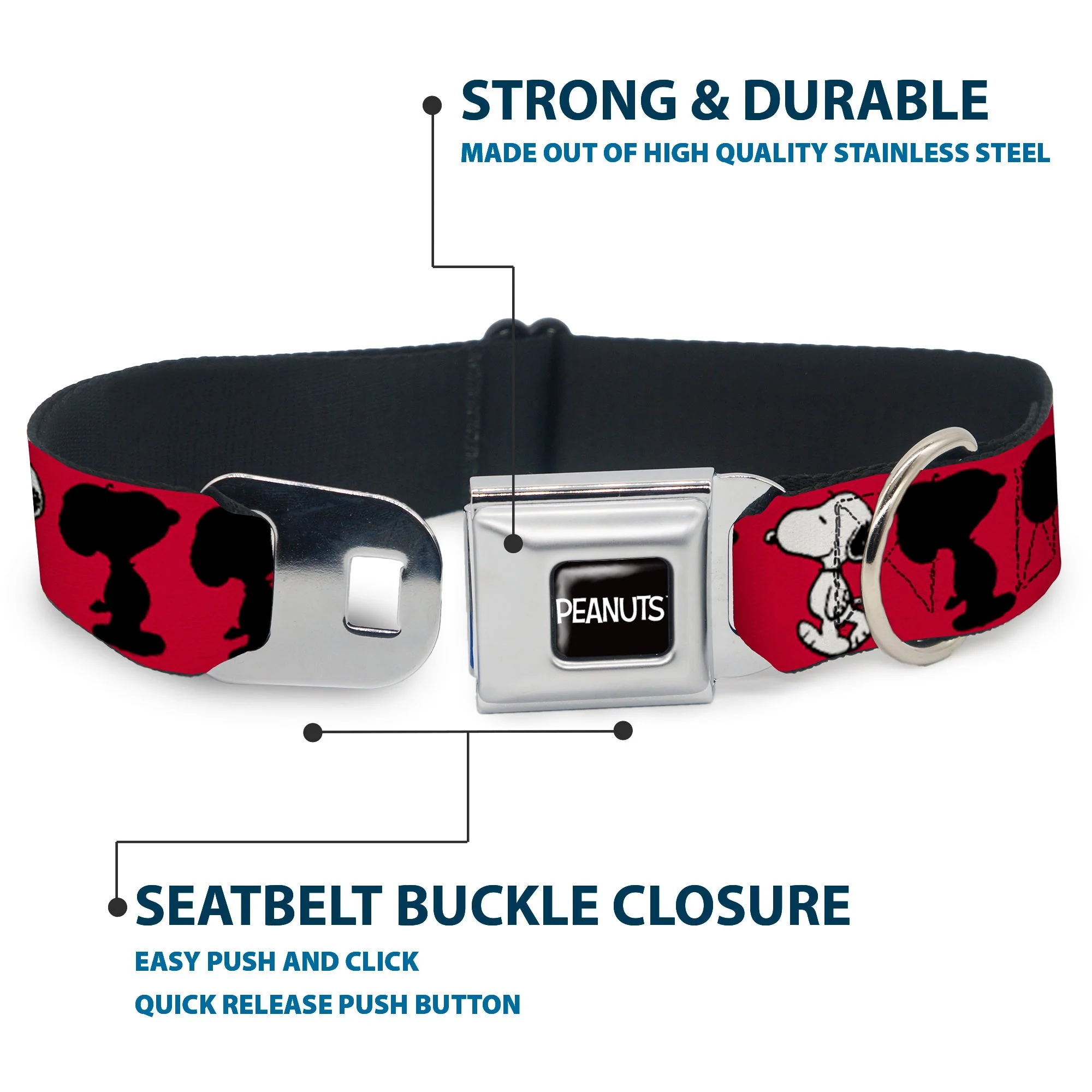 PEANUTS Title Logo Full Color Black/White Seatbelt Buckle Collar - Peanuts Snoopy Walking/Silhouette Pose Red/Black/White - Image 4