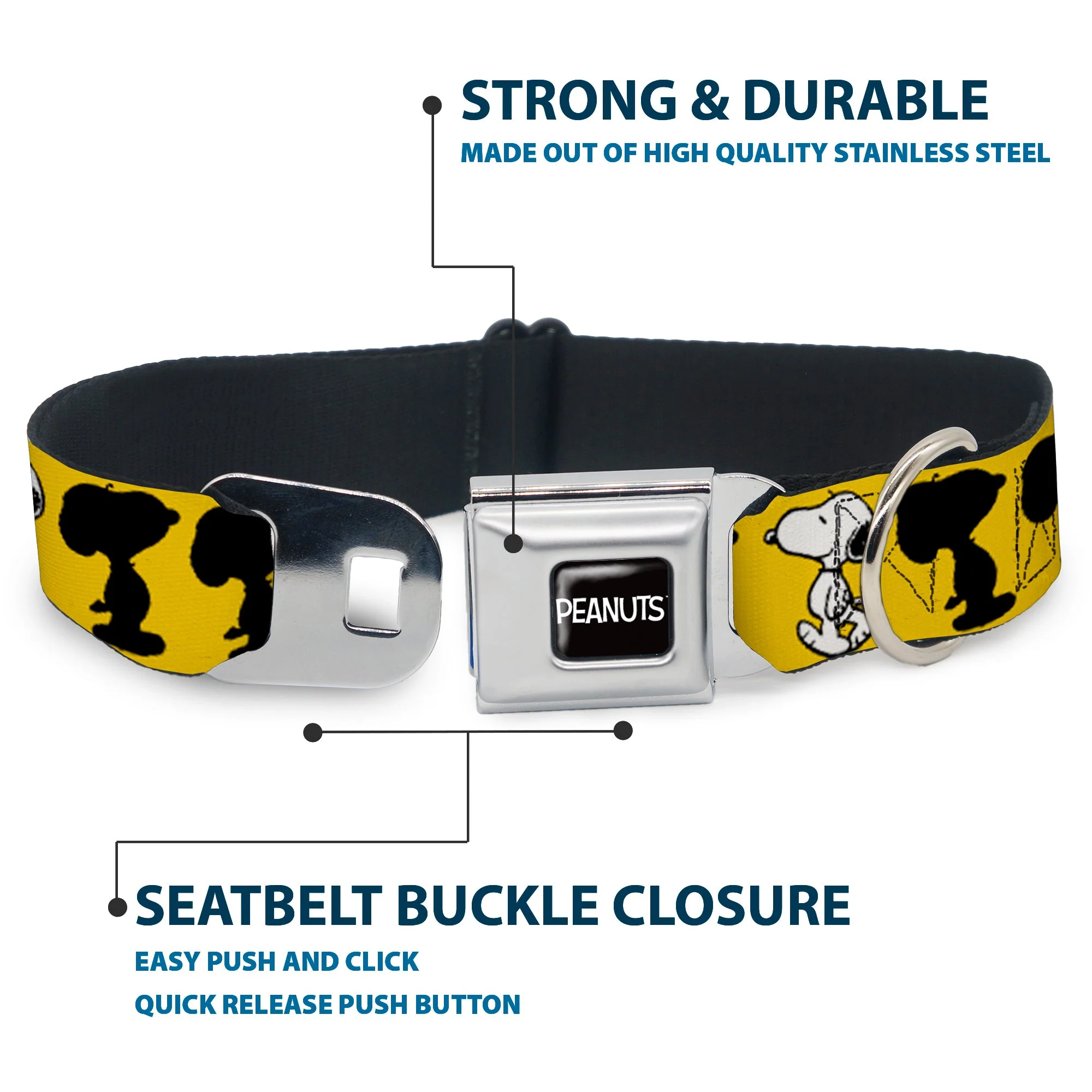 PEANUTS Title Logo Full Color Black/White Seatbelt Buckle Collar - Peanuts Snoopy Walking/Silhouette Pose Yellow/Black/White - Image 4
