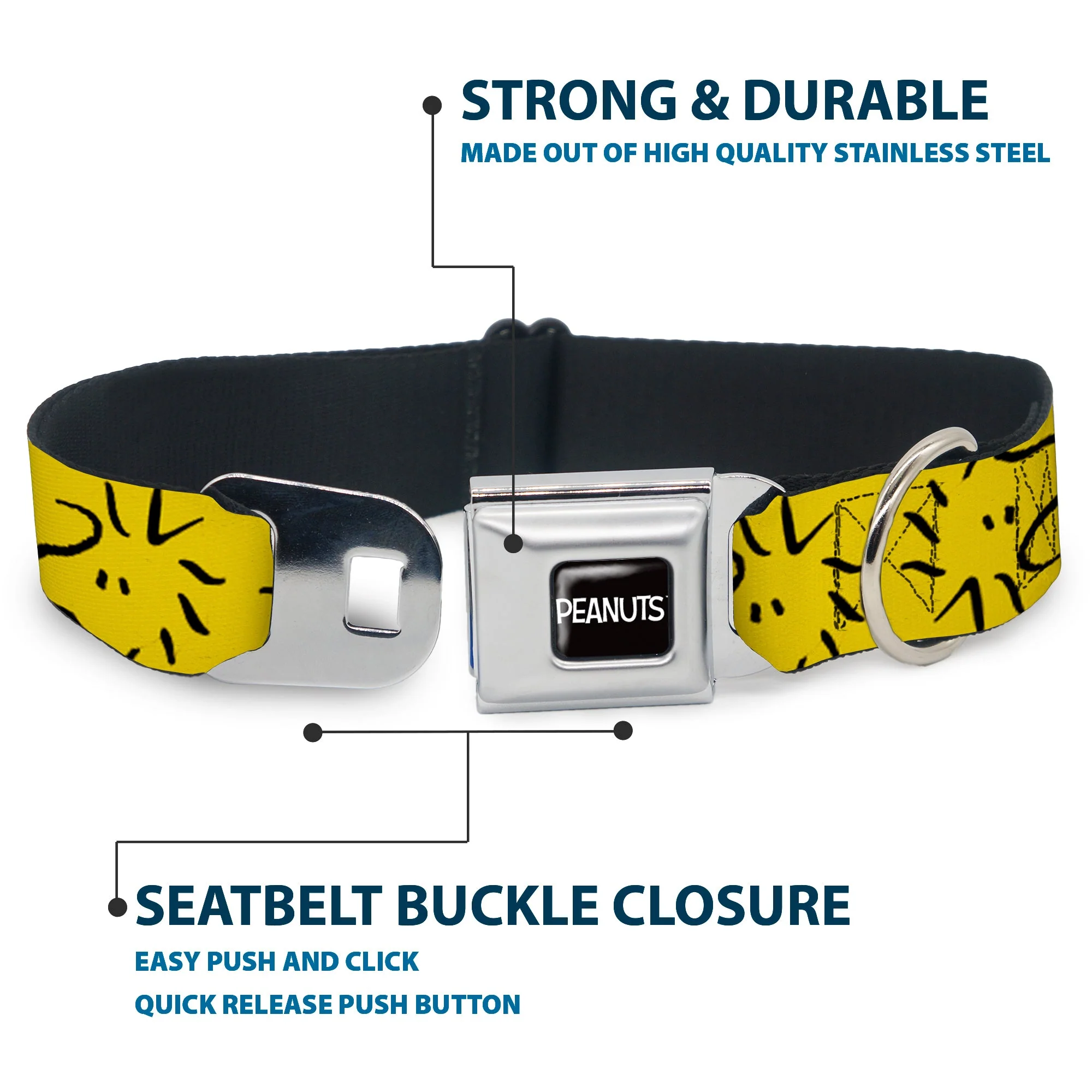PEANUTS Title Logo Full Color Black/White Seatbelt Buckle Collar - Peanuts Woodstock Line Face Line Art Yellow/Black - Image 4