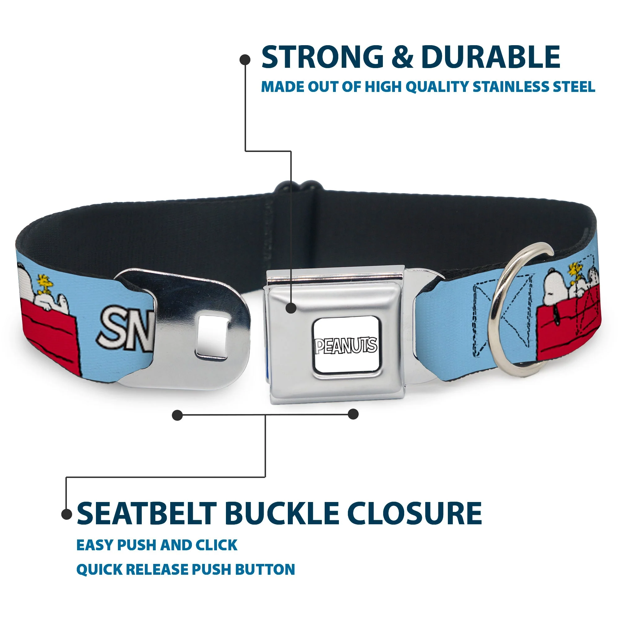 PEANUTS Title Logo Full Color Gray/White Seatbelt Buckle Collar - Peanuts Snoopy and Woodstock Dog House Pose and Text Sky Blue - Image 4